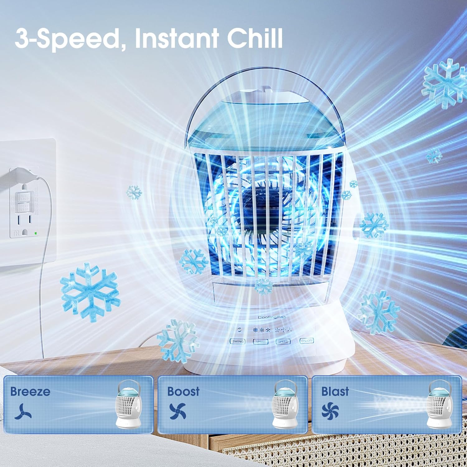 Image showing the 3-speed settings of the Passky Portable Air Cooler: Breeze, Boost, and Blast.