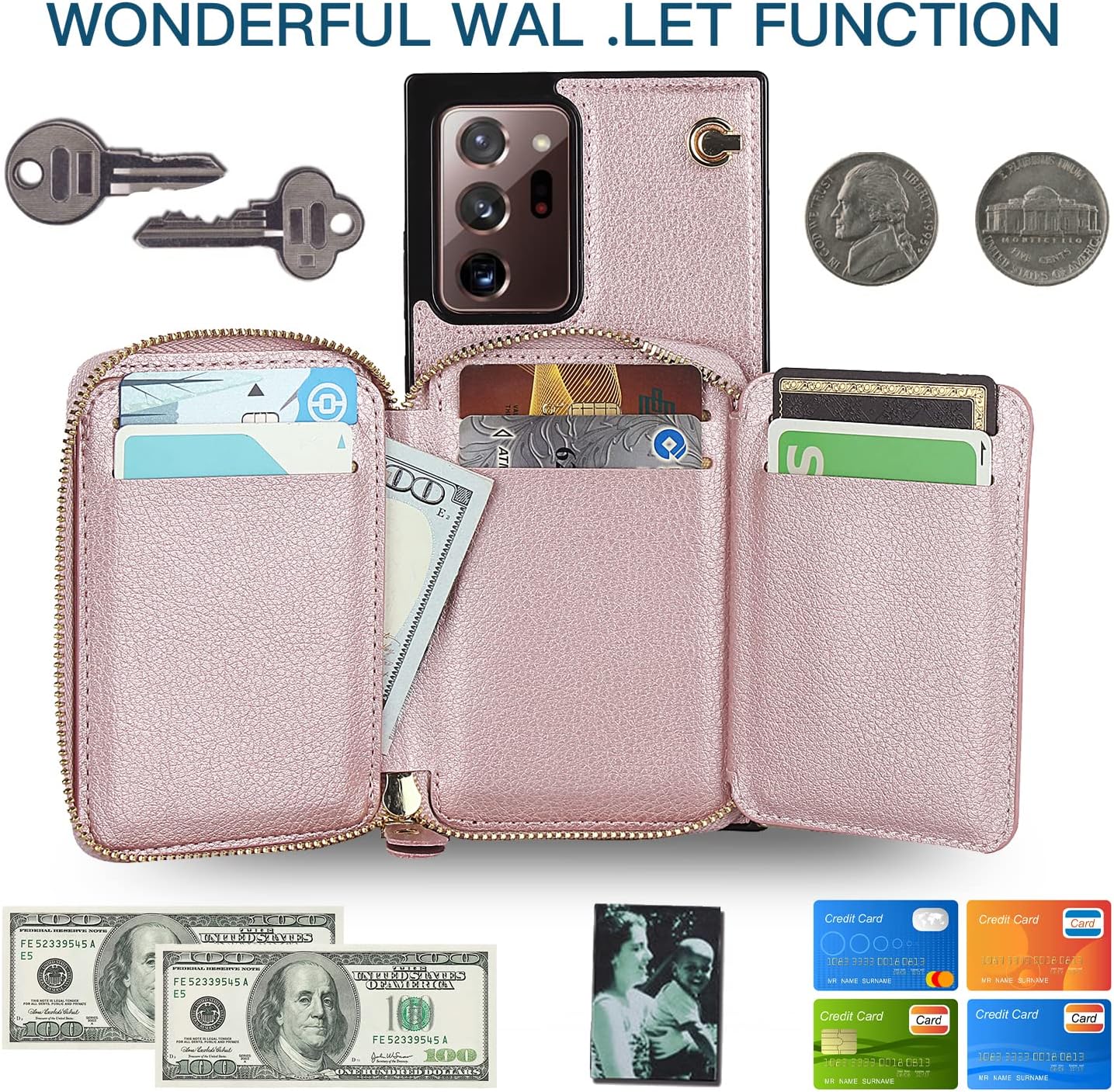 Asuwish Phone Case for Samsung Galaxy Note 20 Ultra 5G Wallet Cover with Screen Protector and Zipper Card Holder Slot Stand Leather Note20 Plus Notes 20Ultra Note20+ U + 20+ Not Women Men Rose Gold