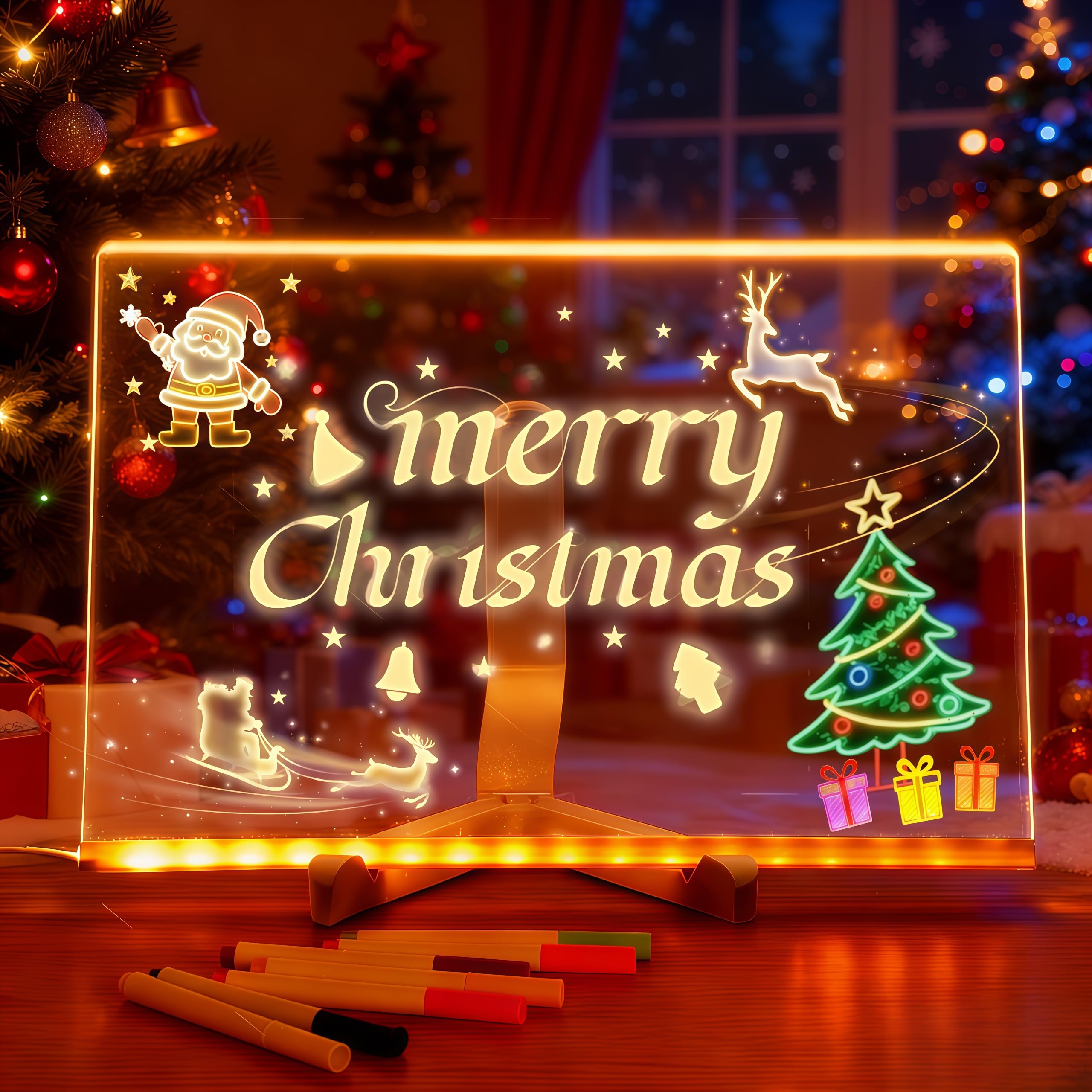 LED Drawing Board, LED Note Board, Writing Board with Stand, Light-Up Board with 7 Markers,Suitable As A Christmas Gift, Office Planning, and Holiday Gift(12" X 8")