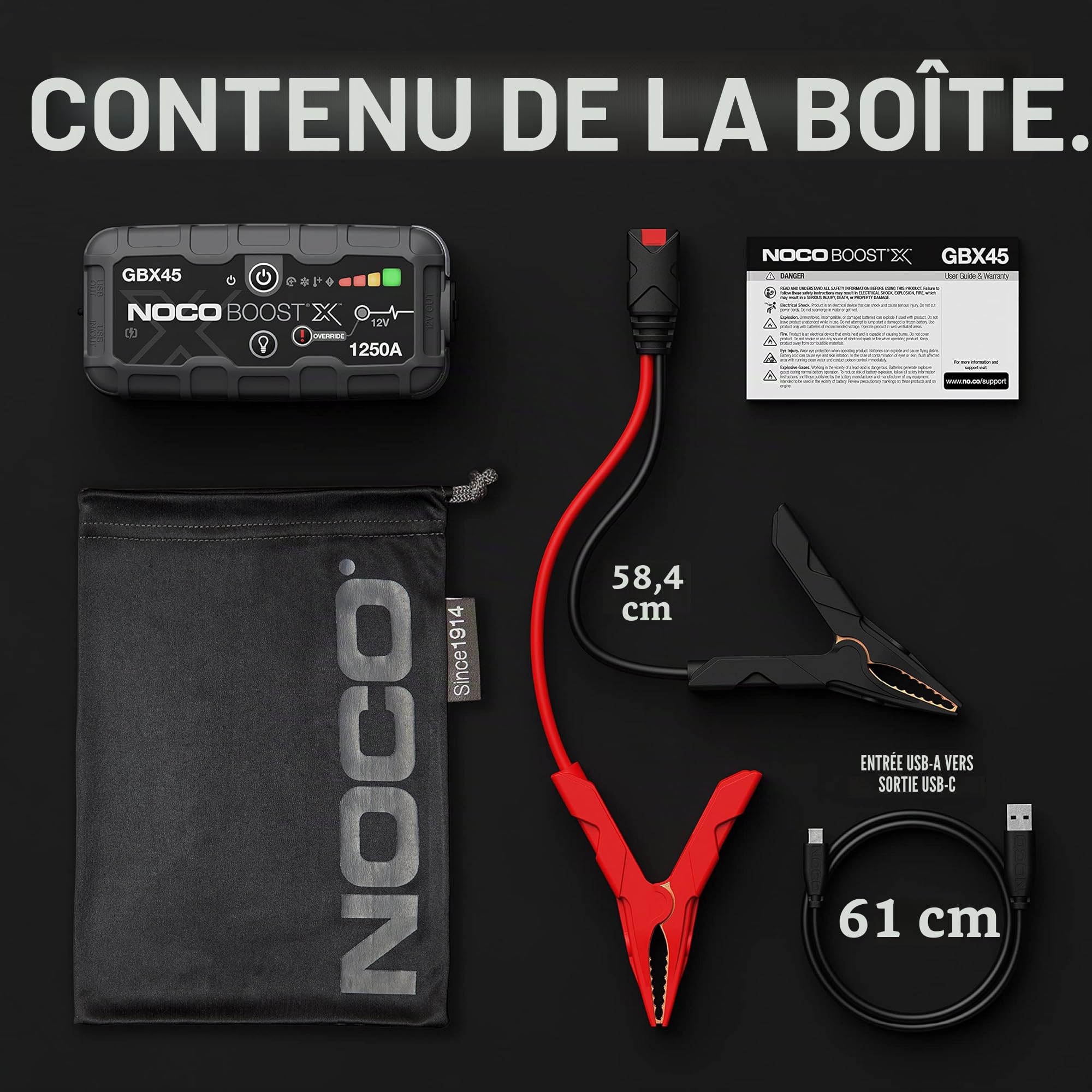 NOCO Boost X GBX45: Booster Batterie UltraSafe 1250A – Démarreur Lithium 12V Portable avec Powerbank et Chargeur USB – pour Moteurs Essence 6,5L et Diesel 4,0L