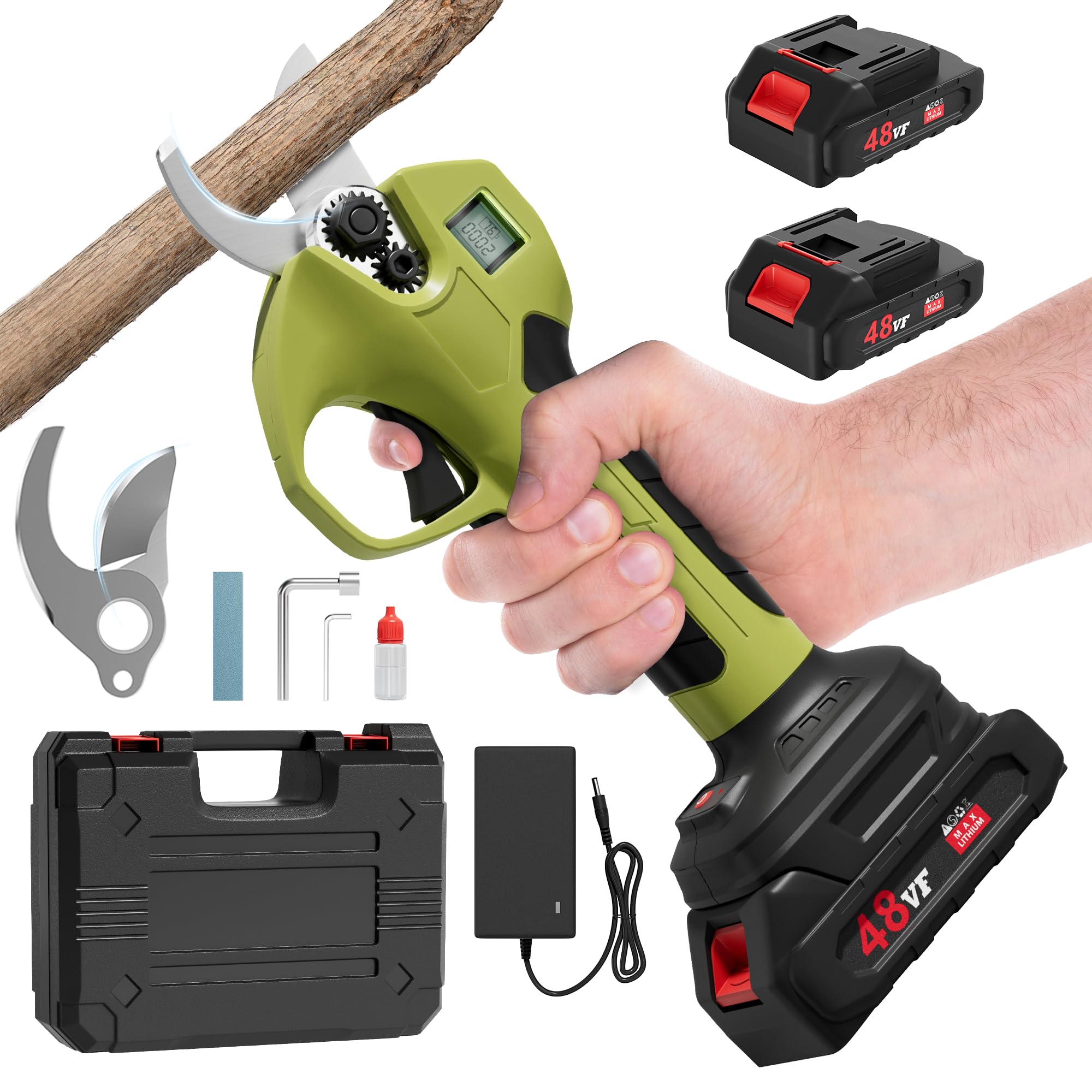Akku Astschere Professionelle Elektrische Gartenschere mit LCD-Anzeige | Bürstenloser Motor | 2 x 2000mAh 21V Akkus | Max. 40mm Schnittdurchmesser | Sicherheitsschalter | Für Äste & Sträucher