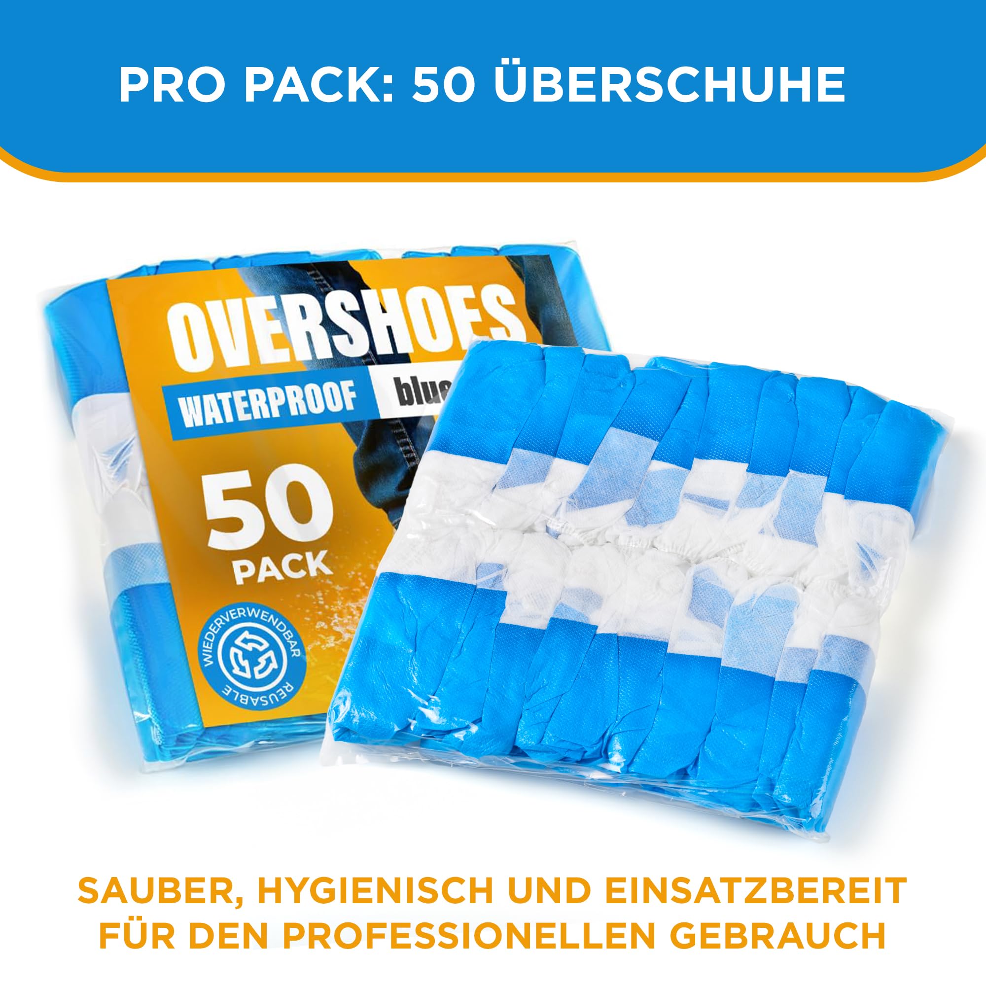 ISC Hygiene & Safety Schuhüberzieher – rutschfest, 150 Stk., blau-weiß | Überschuhe, Einweg Mehrweg, wasserdicht, extra stark, reißfest, durchriebsicher, Indoor Outdoor