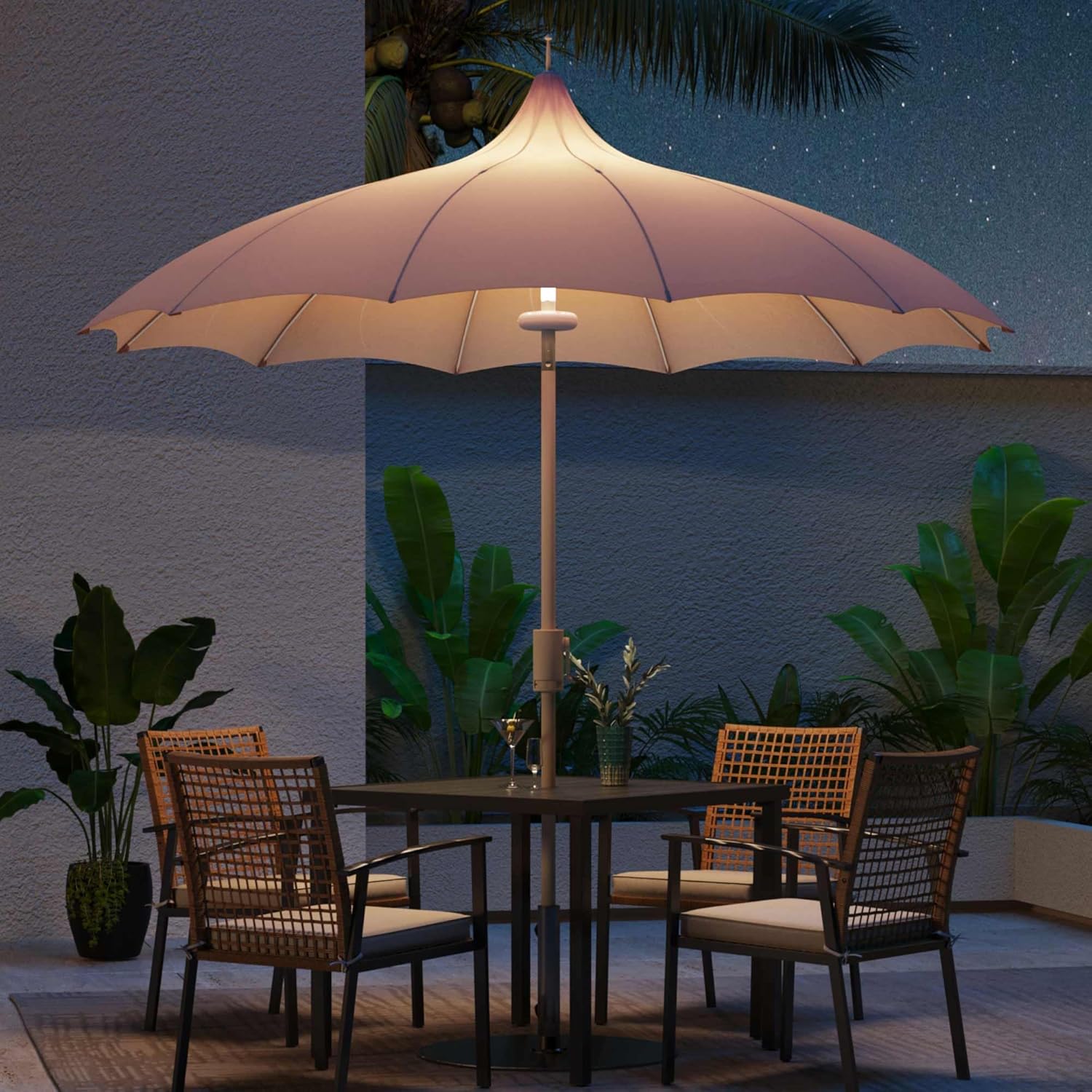 LAUSAINT HOME 9ft Outdoor Pagoda Patio Umbrella with Lights, Patio Table Market Umbrella with Petal Design Canopy, 360° Rotation, Push-Button Tilt for Deck, Poolside or Garden