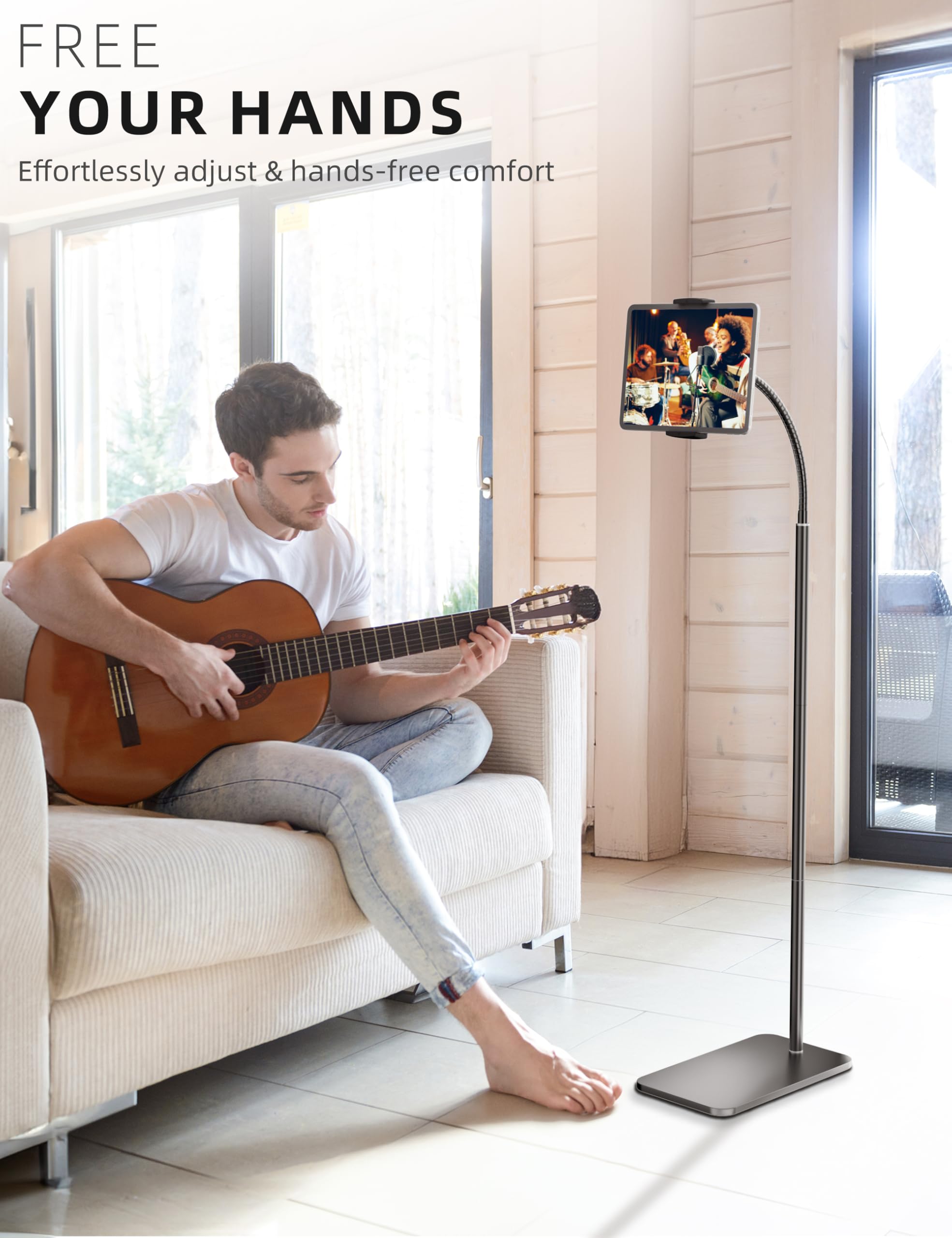 LanPavilion iPad Stand, Adjustable Tablet Floor Stand Metal Tablet Holder with Flexible Gooseneck, Compatible with iPad, Kindle, and Cell Phones (4.7''-13''), Ideal for Hands-Free Use