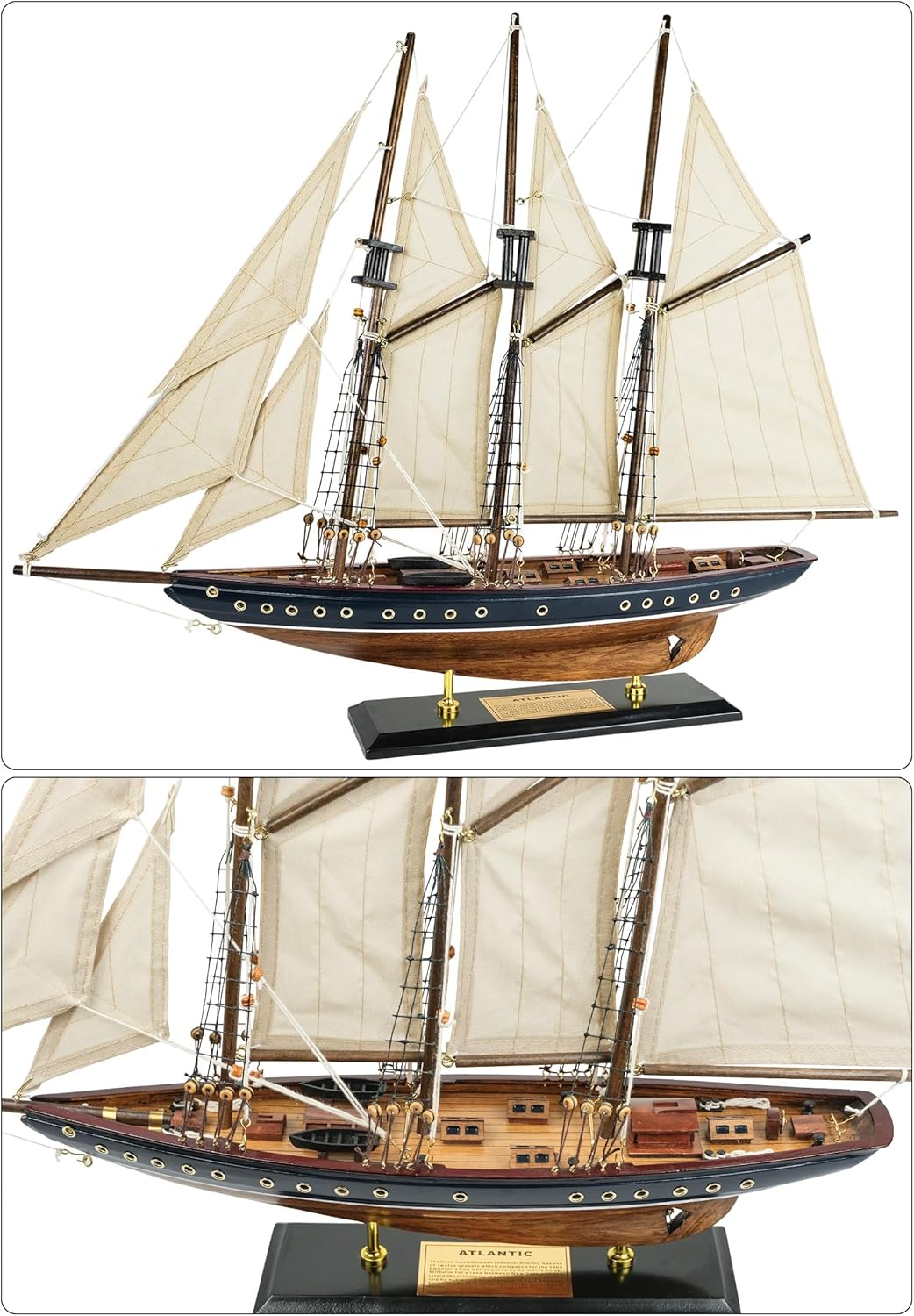 SAILINGSTORY Wooden Sailboat Model Ship Sailboat Decor 24" Schooner Atlantic 1:60 Scale Replica Blue and Walnut Antique Finish