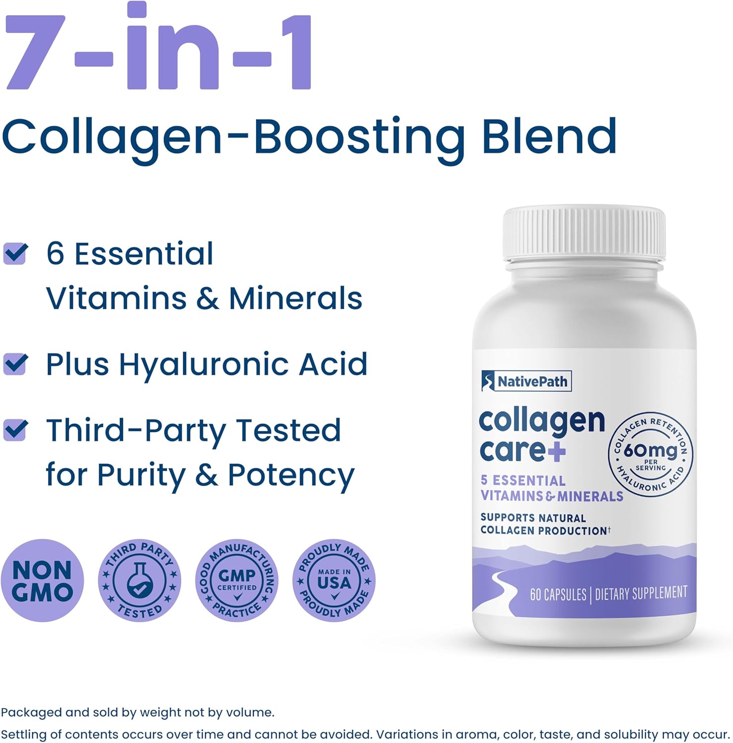 NativePath Collagen Care+, 5 Vitamin Blend with Hyaluronic Acid and Boron That Supports Collagen for Men and Women, 60 Capsules - Image 3