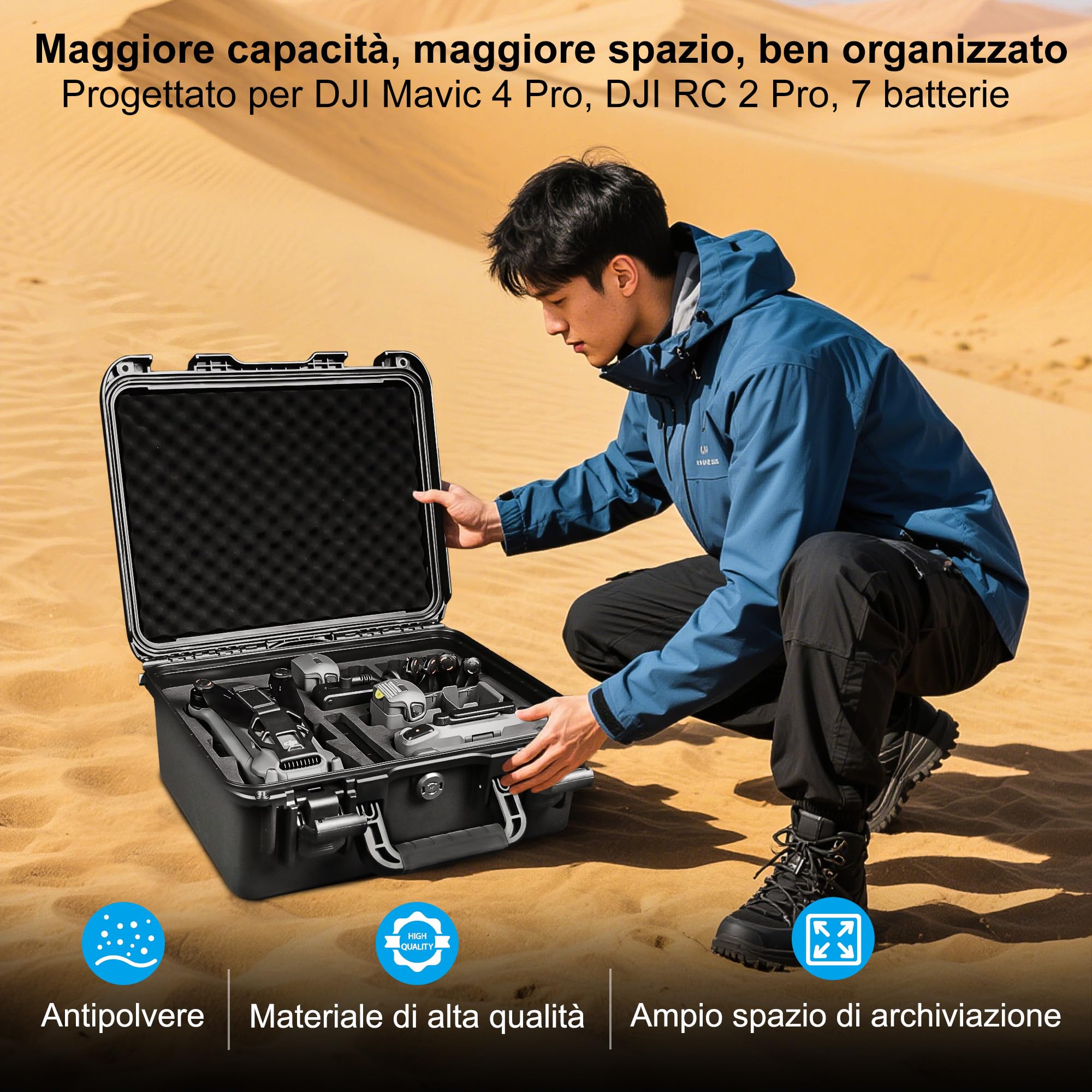 Custodia rigida impermeabile DJI Mavic 4 Pro, Creator Combo, Fly More Combo, DJI RC Pro 2/RC 2, 7 batterie, hub ricarica, accessori