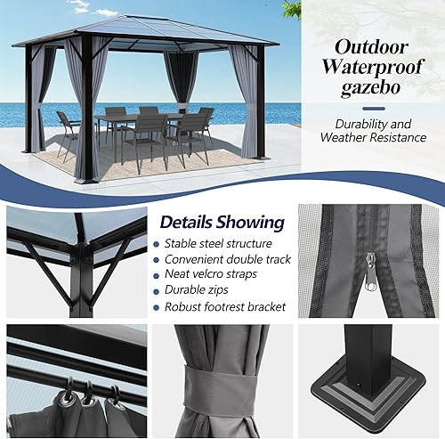 Miniatura 4 de GARTOO Gazebo de policarbonato para patio de 10 x 12 pies, glorieta de techo individual para exteriores con marco de acero, glorieta para patio