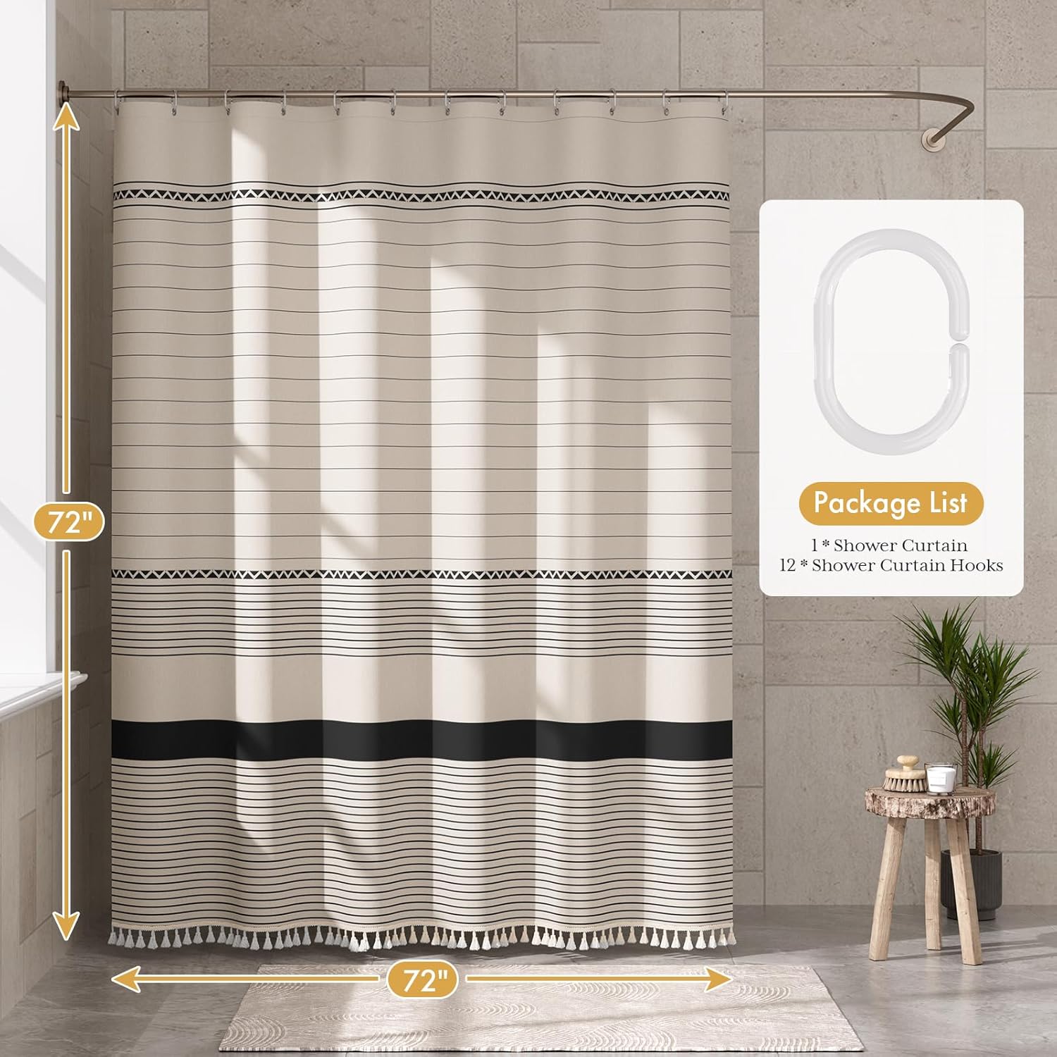 AmazerBath Boho Shower Curtain, Modern Farmhouse Shower Curtain Set with Tassels, Rustic Faux Linen Black Striped Shower Curtain with Hooks, Light Tan Toned, 72x72 Inches