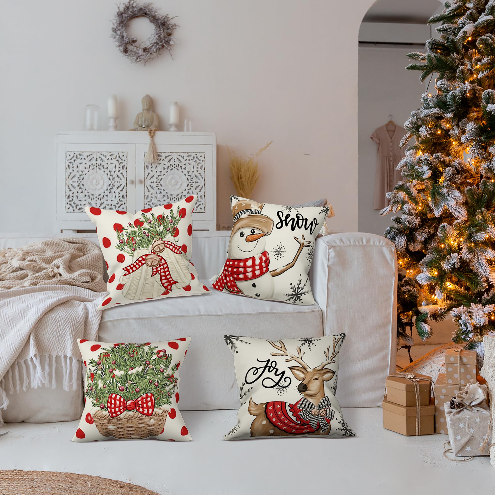 Wilproo Lot De 4 Housses De Coussin Carrées En Velours Avec Flocon De Neige, Arbre De