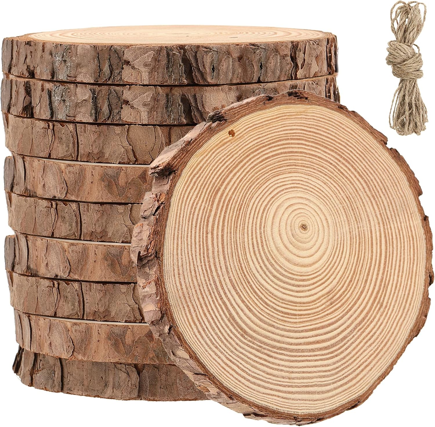MANCHAP 10 PCS 5.9-6.2 Inch Craft Wood Slices with Hole, Unfinished Wooden Logs Slices with Hanging String, Natural Wood Discs for Crafts, Painting, Home Decor