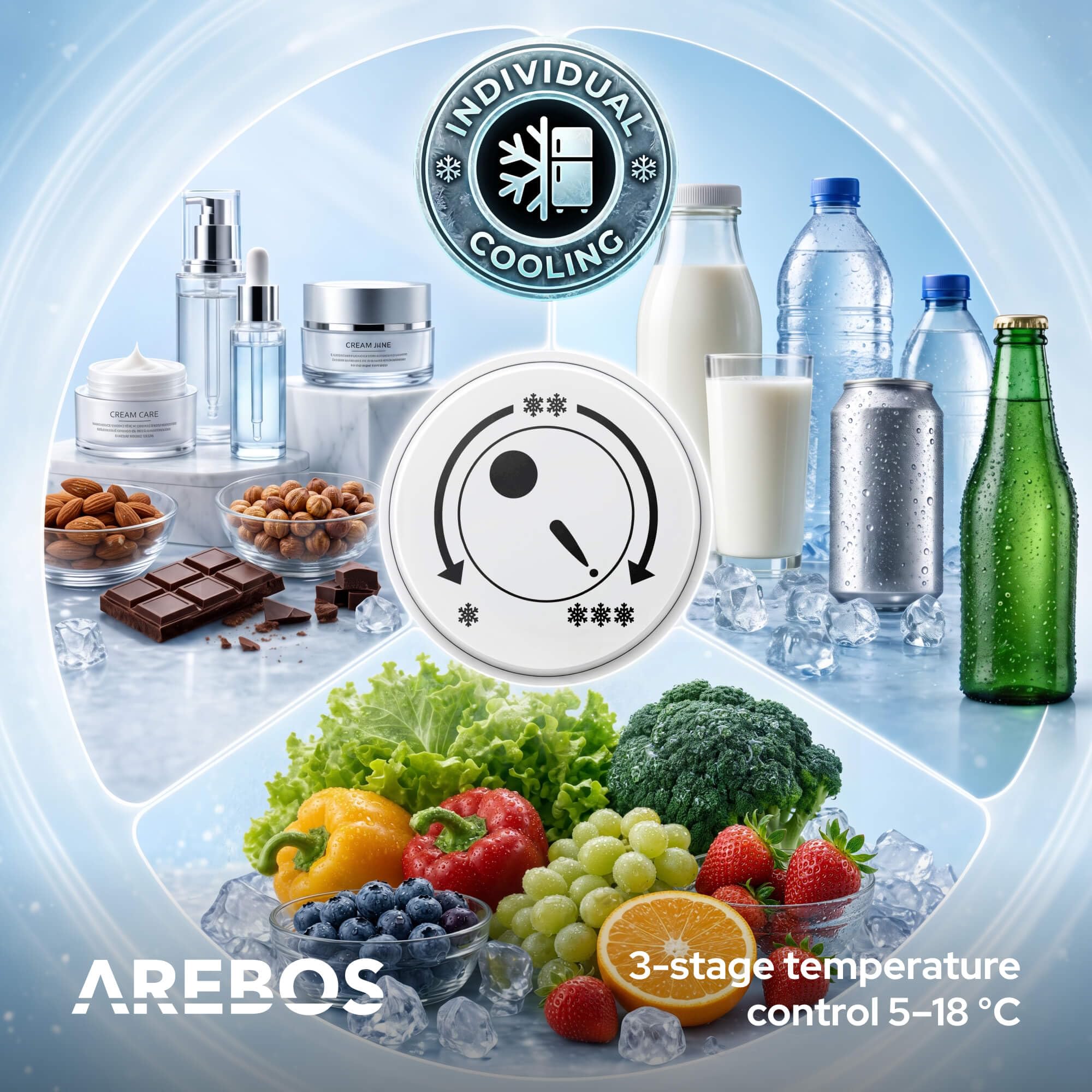 Arebos Mini Frigorífico 40L | Mini Bar Silencioso ≤27 dB | Nevera Compacta con Cerradura, LED y Temperatura Ajustable 5–18 °C | Frigorífico Oficina | Negro
