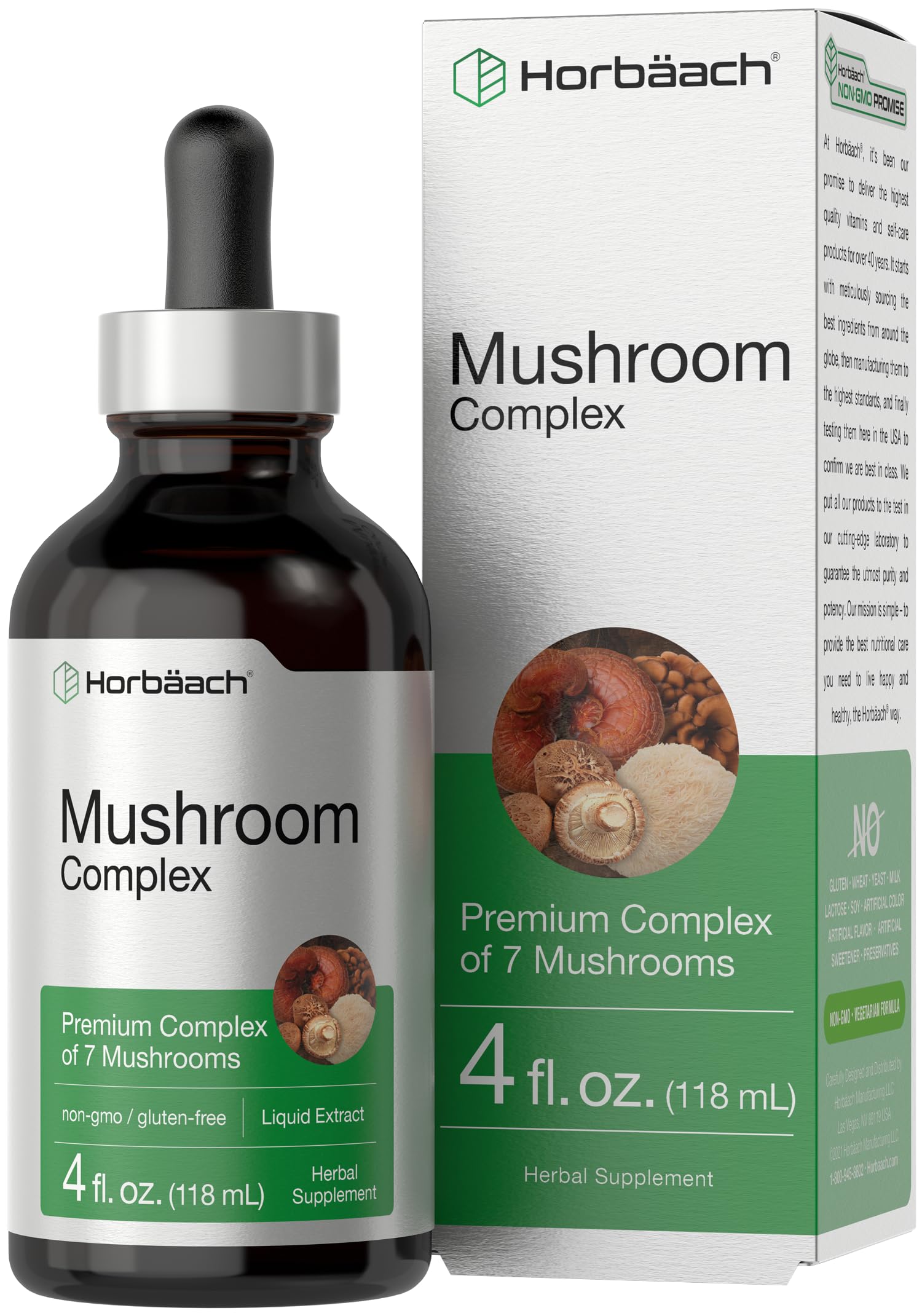 Horbäach Mushroom Complex Liquid Extract | 4 FL Oz Tincture Drops | 7 Premium Mushrooms | Maitake, Shiitake, Reishi, Chaga, Cordyceps, Lion's Mane & Oyster Mushrooms | Vegetarian, Non-GMO, Gluten Free