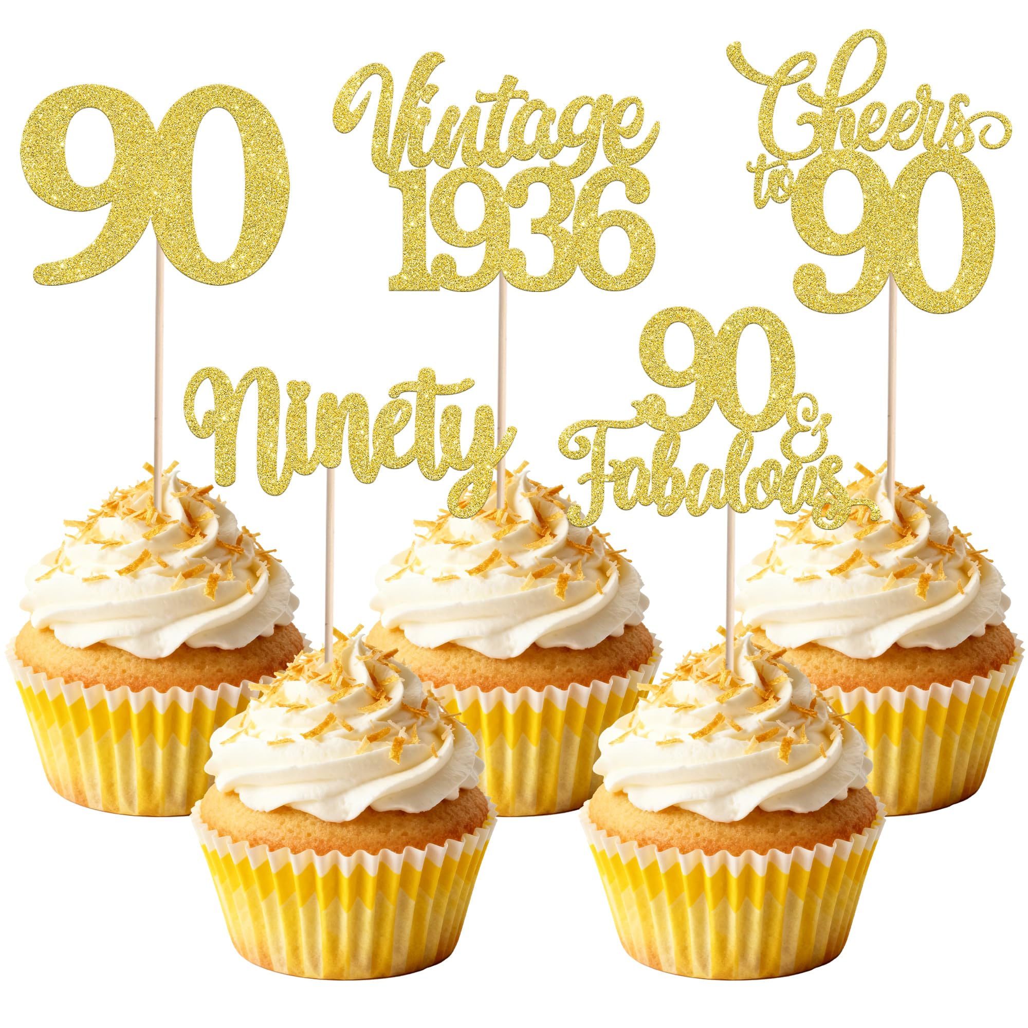 SYKYCTCY 30 Pack Happy 90th Birthday Cupcake Toppers Glitter Ninety 90 Fabulous Vintage 1936 Cupcake Picks for 90th Birthday Anniversary Retirement Party Cake Decorations Supplies — image 1