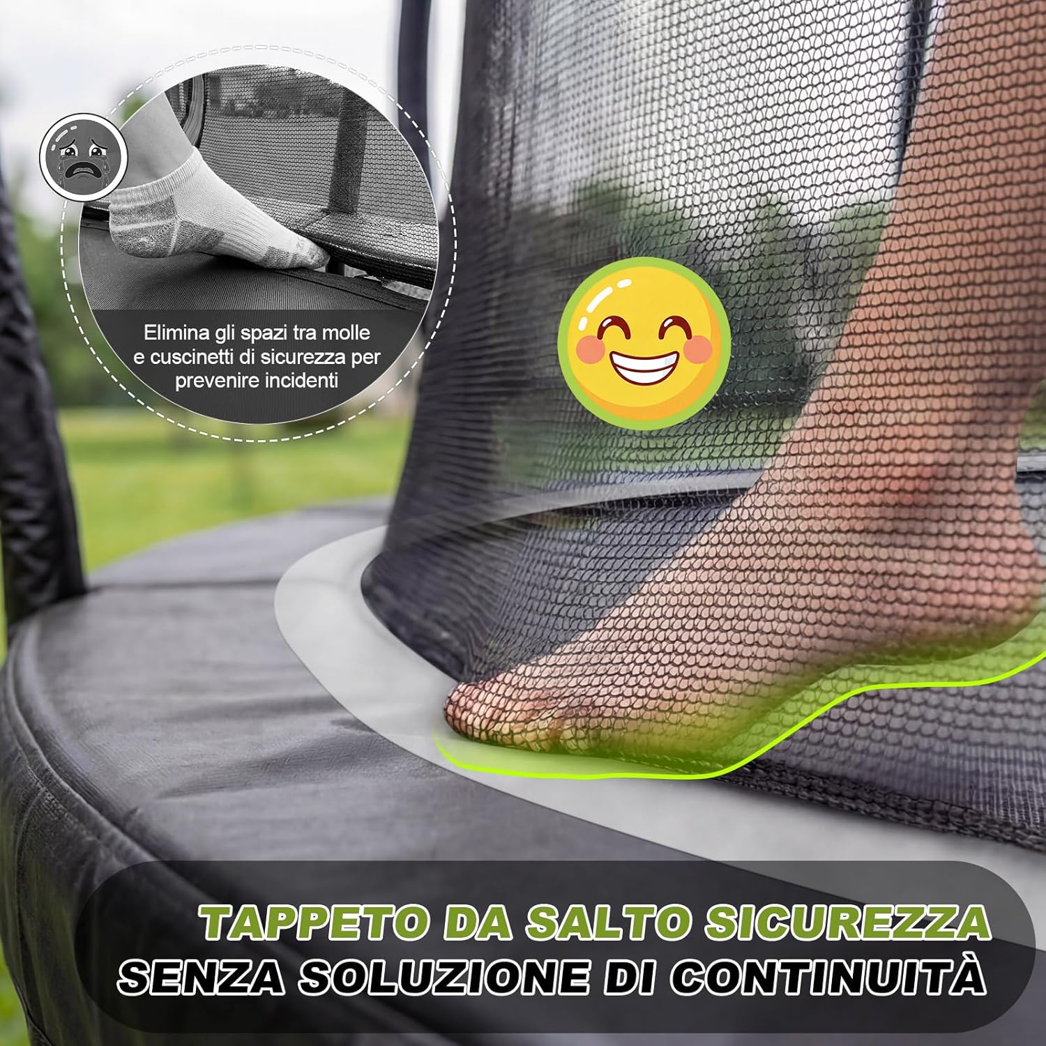 Close-up of a foot on the trampoline mat, highlighting the seamless design that eliminates gaps between the mat and spring cover for safety.