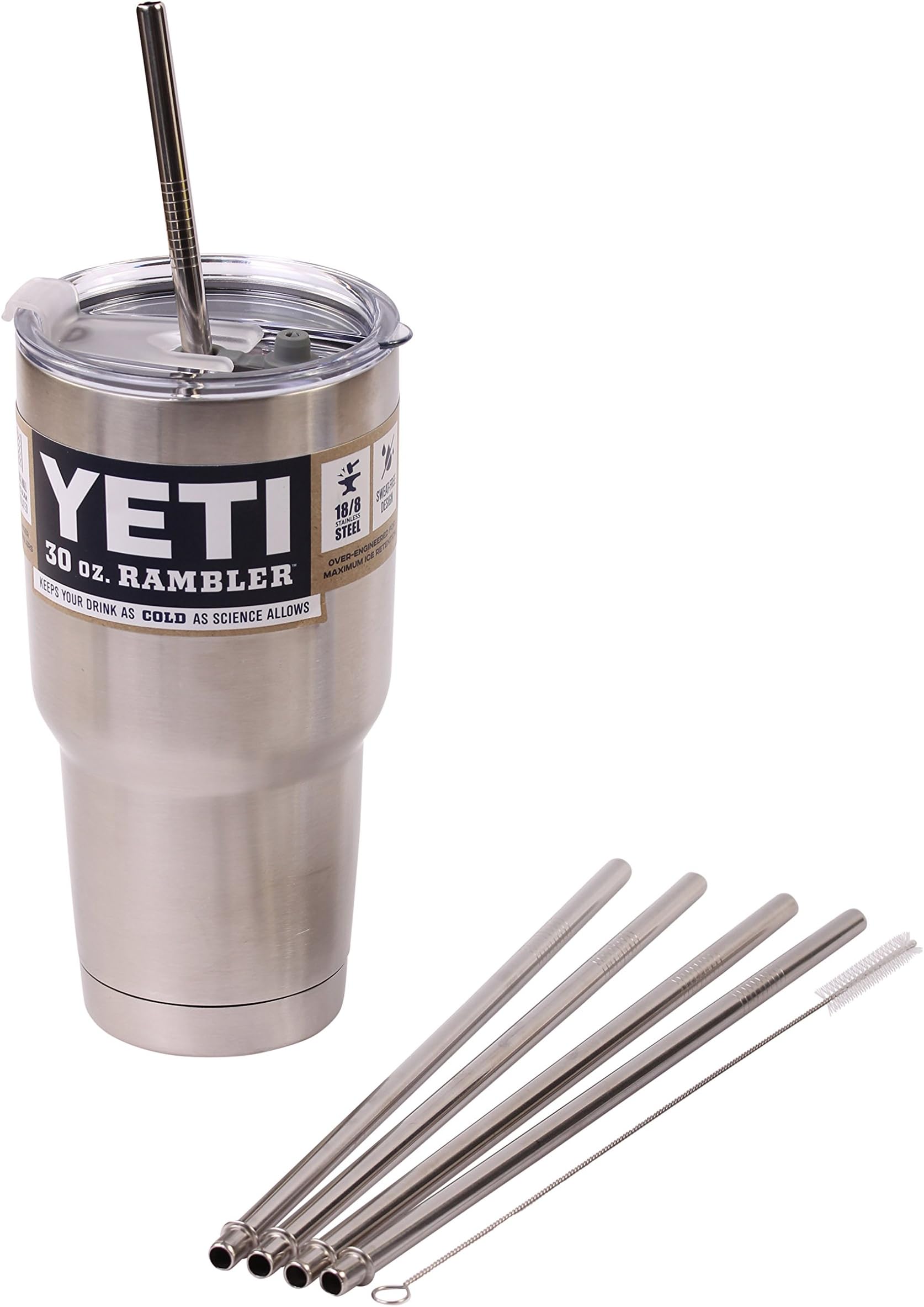 4 Bend Stainless Steel Straws Extra Long fits 30 oz & 20 oz Yeti Tumbler Rambler Cups - CocoStraw Brand Drinking Straw (4 Wide Straws + Straw Lid)