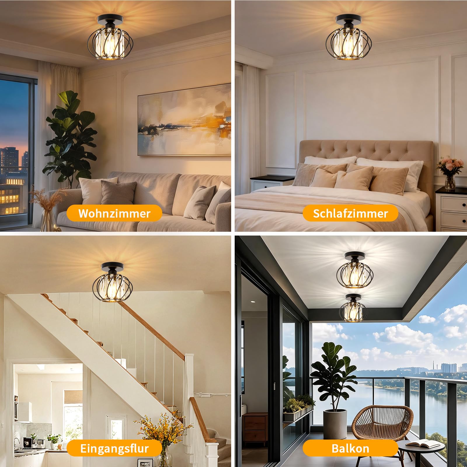FRIDEKO HOME 2 Stück Deckenleuchte E27 Ø19cm Schwarz Kristall Deckenlampe