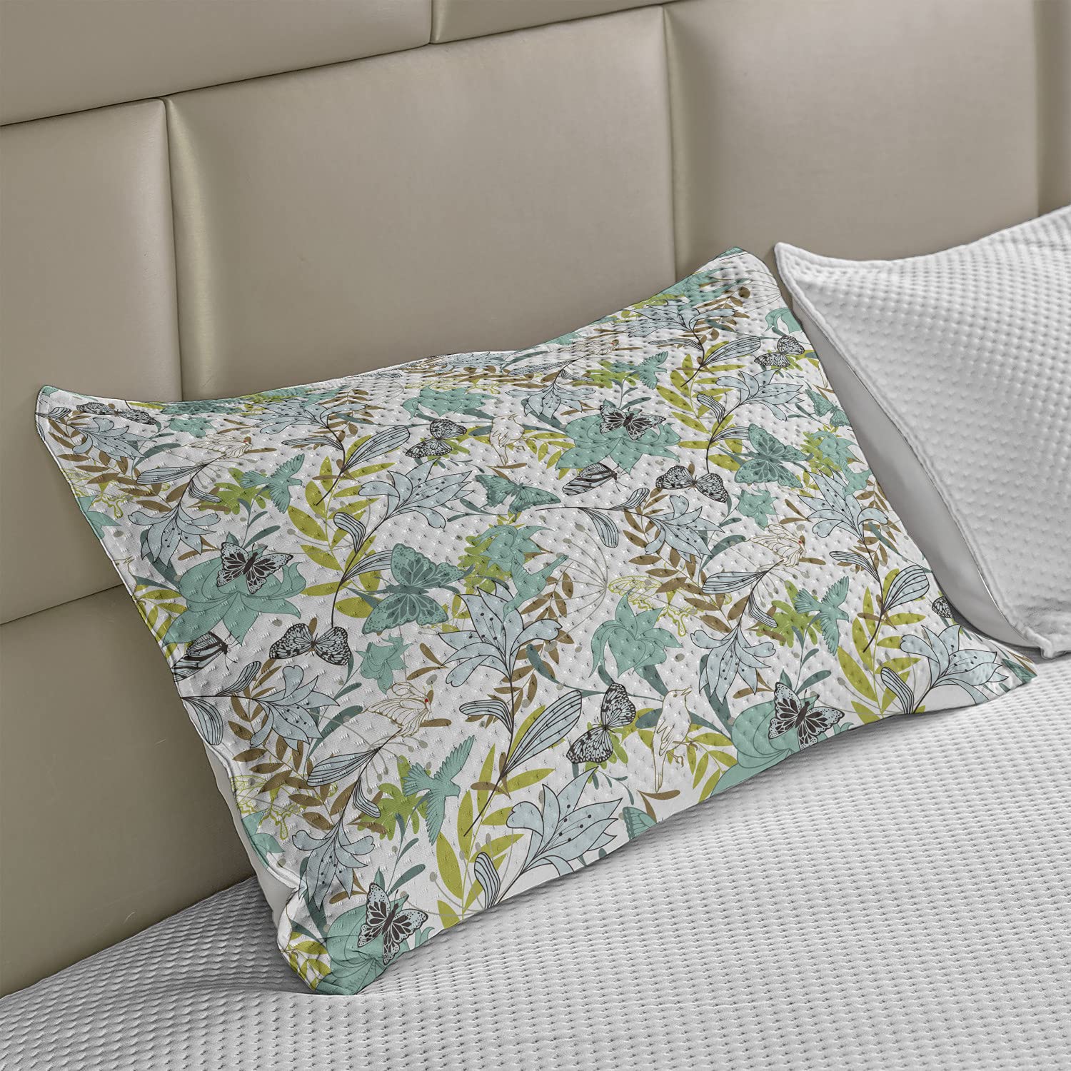 Ambesonne Floral Quilted Pillowcover Set of 2, Flying Birds Butterflies Floral Elements Art Wildflowers Nature, Standard Queen Size Pillow Sham for Bedroom, 30