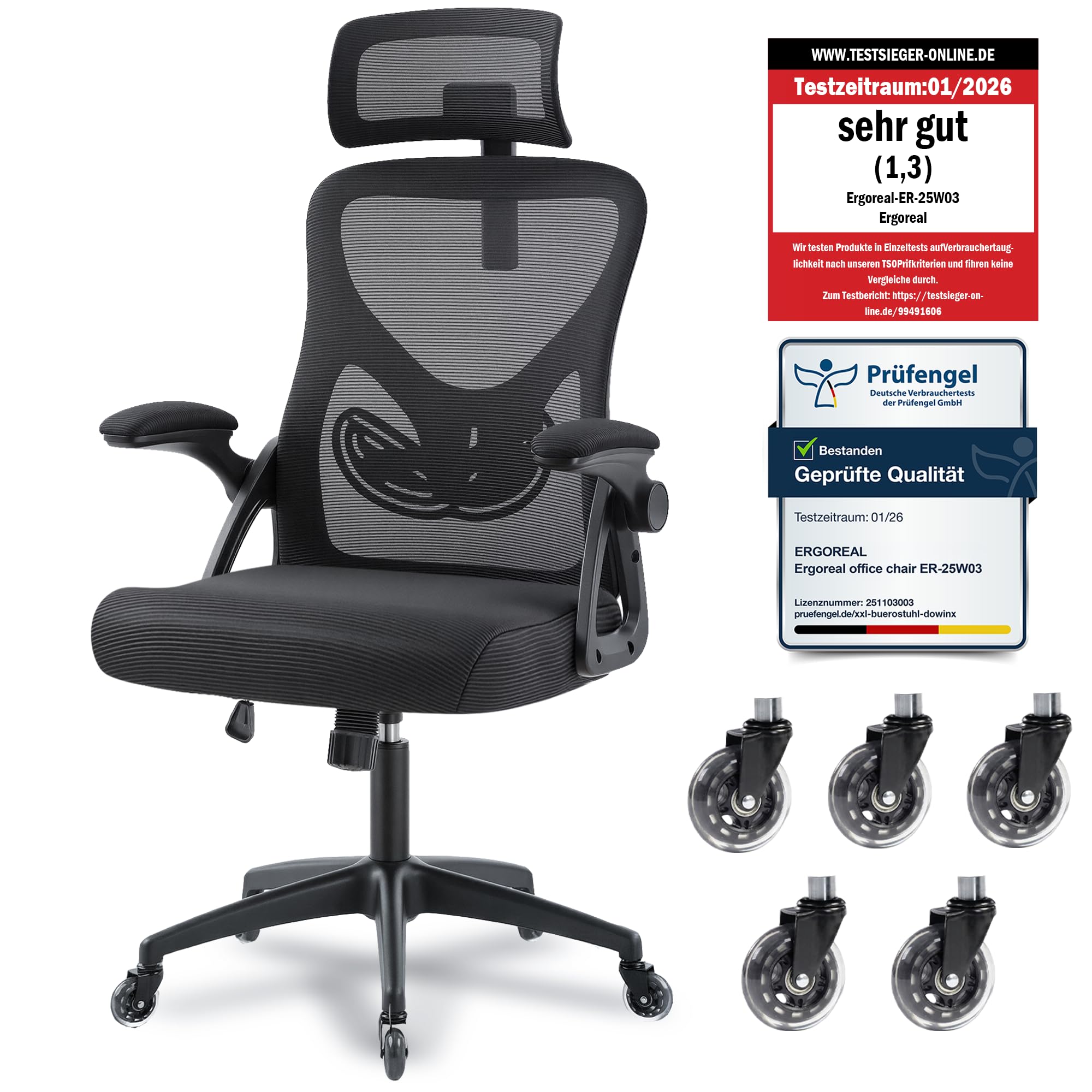 Ergonomischer Mesh‑Bürostuhl für Home Office, mit Verstellbarer Lendenstütze & 2D‑Kopfstütze, klappbare Armlehnen, leise PU‑Rollen, stabile Gasfeder Klasse 3, bis 140 kg(Tiefe Schwarz)