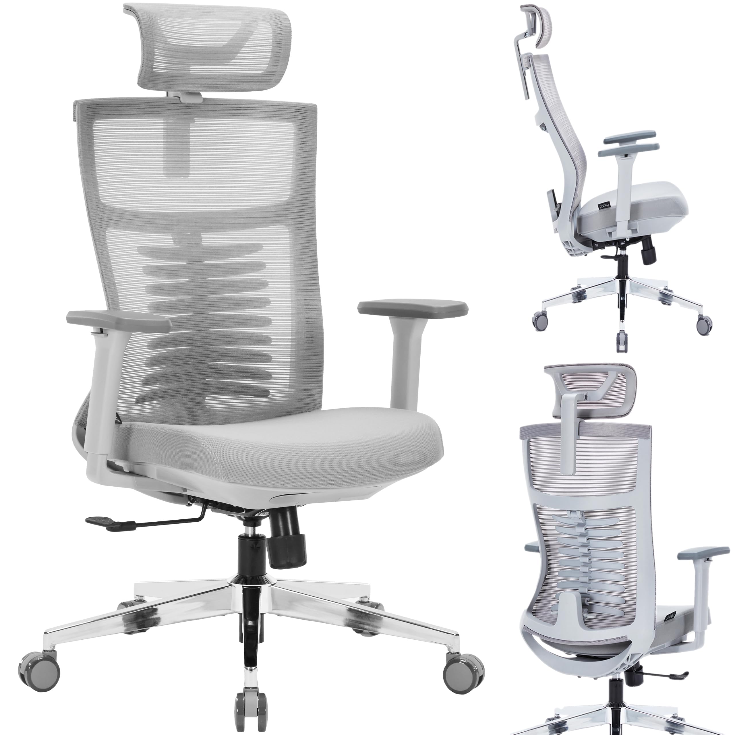 Nyxi Office Chair Premium Ergonomic Foam Seat for Work, Computer Desk and Study Chair, Executive, 3D Armrests, Headrest & Lumbar Support, 3-Angle Locking, Metal Base (Foam Seat, Grey, Model 805)