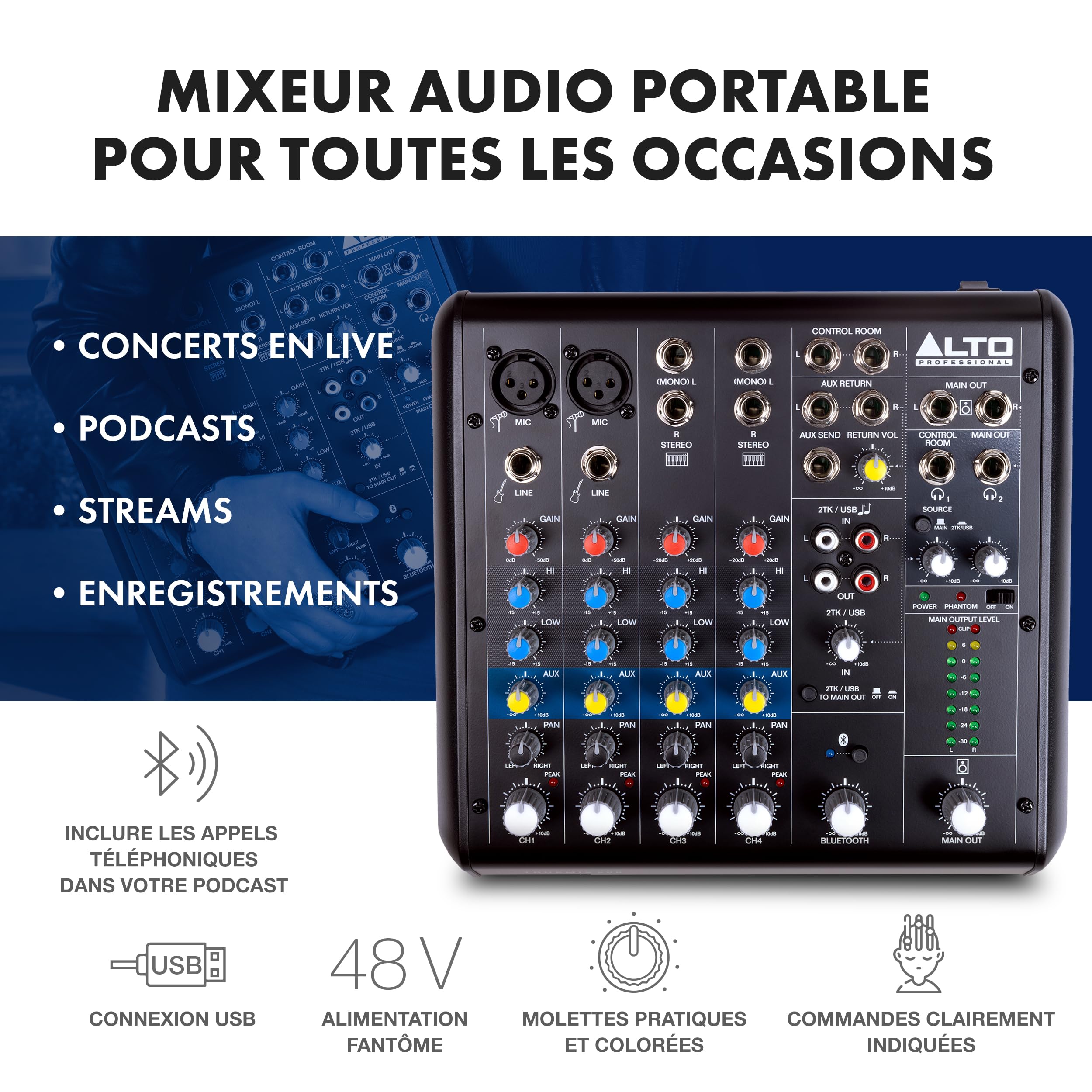 ALTO TrueMix 600 Mixeur Audio avec 2 Entrées Micro XLR, Interface Audio USB et Bluetooth Pour les Podcasts, Concerts, Enregistrements, DJ, Mac et Windows