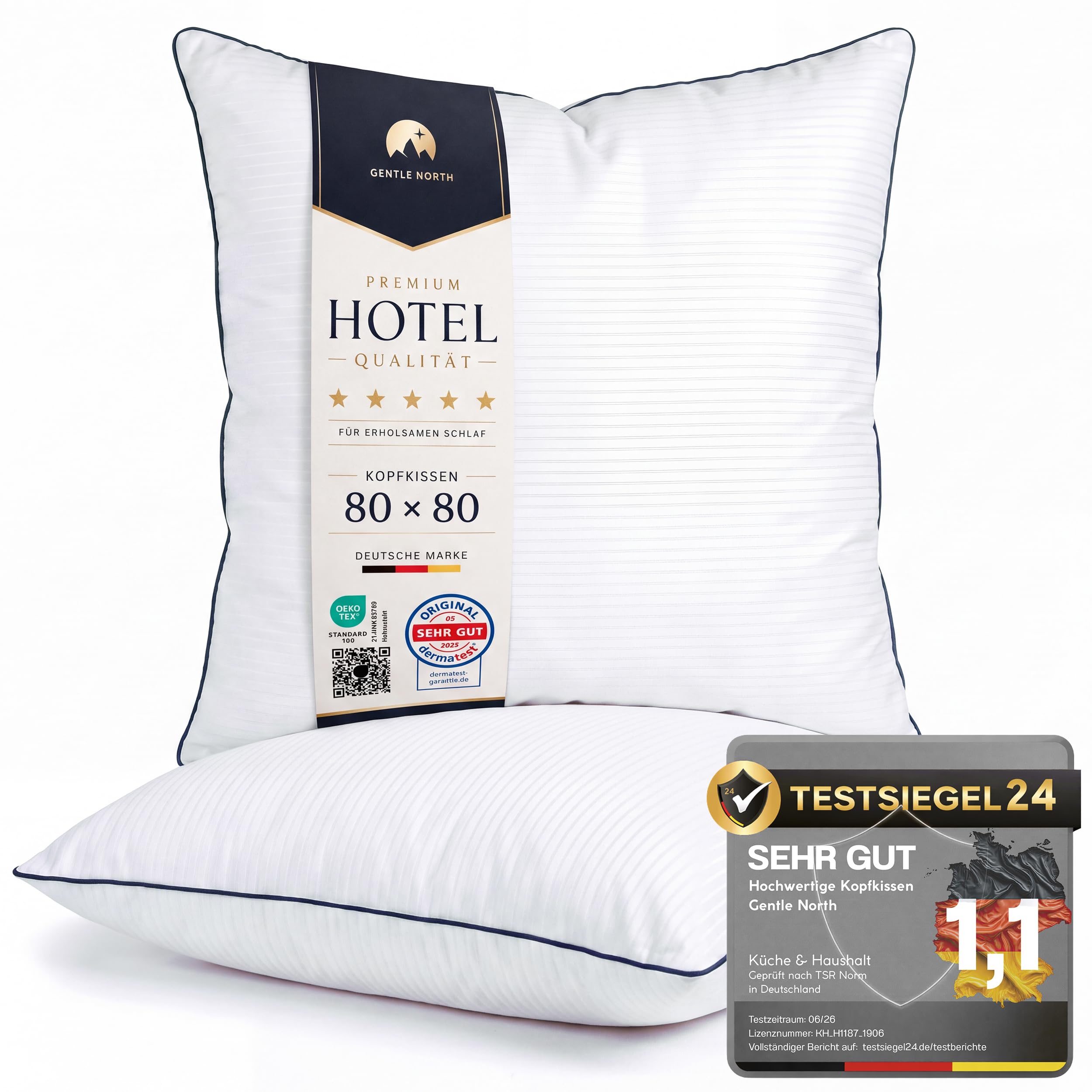Gentle North Hochwertige Kopfkissen 80x80 cm groß in Hotelqualität - 2er Set Flauschige, gut gefüllte Schlafkissen für Allergiker geeignet (Ökotex 100 Zertifiziert)