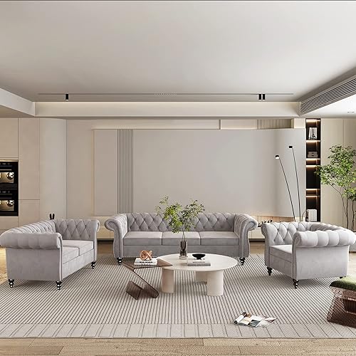 Miniatura 24 de Juego de 2 piezas para sala de estar, sofá loveseat Chesterfield de terciopelo con silla, brazos enrollados y tachuelas para sala de estar, oficina