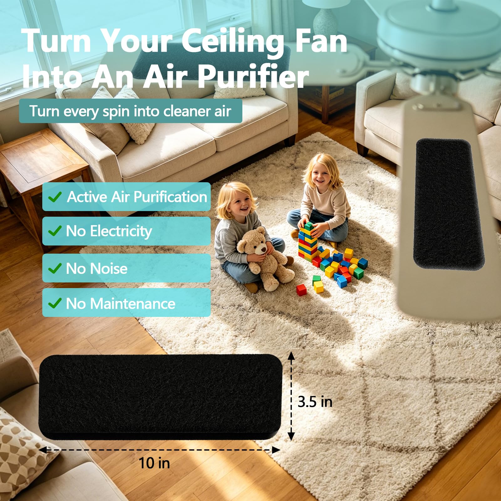 Filtri per ventilatore a soffitto per lame, cuscinetti filtro a carbone attivo con guscio di cocco per polvere e peli di animali domestici, design peel and stick, per la maggior parte dei