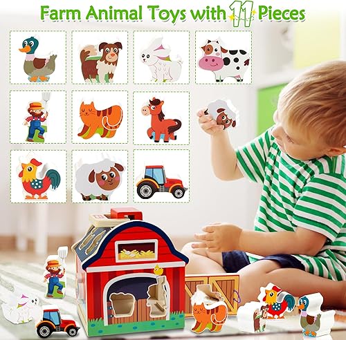 Miniatura 5 de Juguetes de animales de granja para niñas de 1, 2 y 3 años, juguete de madera para llevar con puerta, clasificador de formas, bloques de madera,