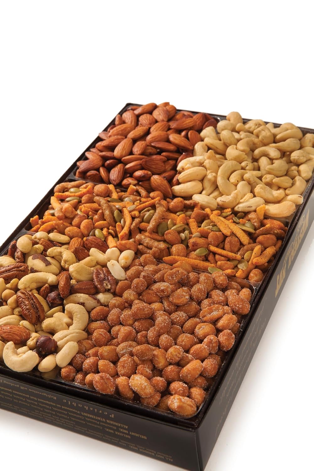 Premium Mixed Nuts Gift Box, Gourmet Assortment with Almonds, Cashews, Pistachios and Candied Walnuts, Black and Gold Sectioned Tray, 4 Compartments (Gift #1 Salty, Sweet & Slightly Spicy)