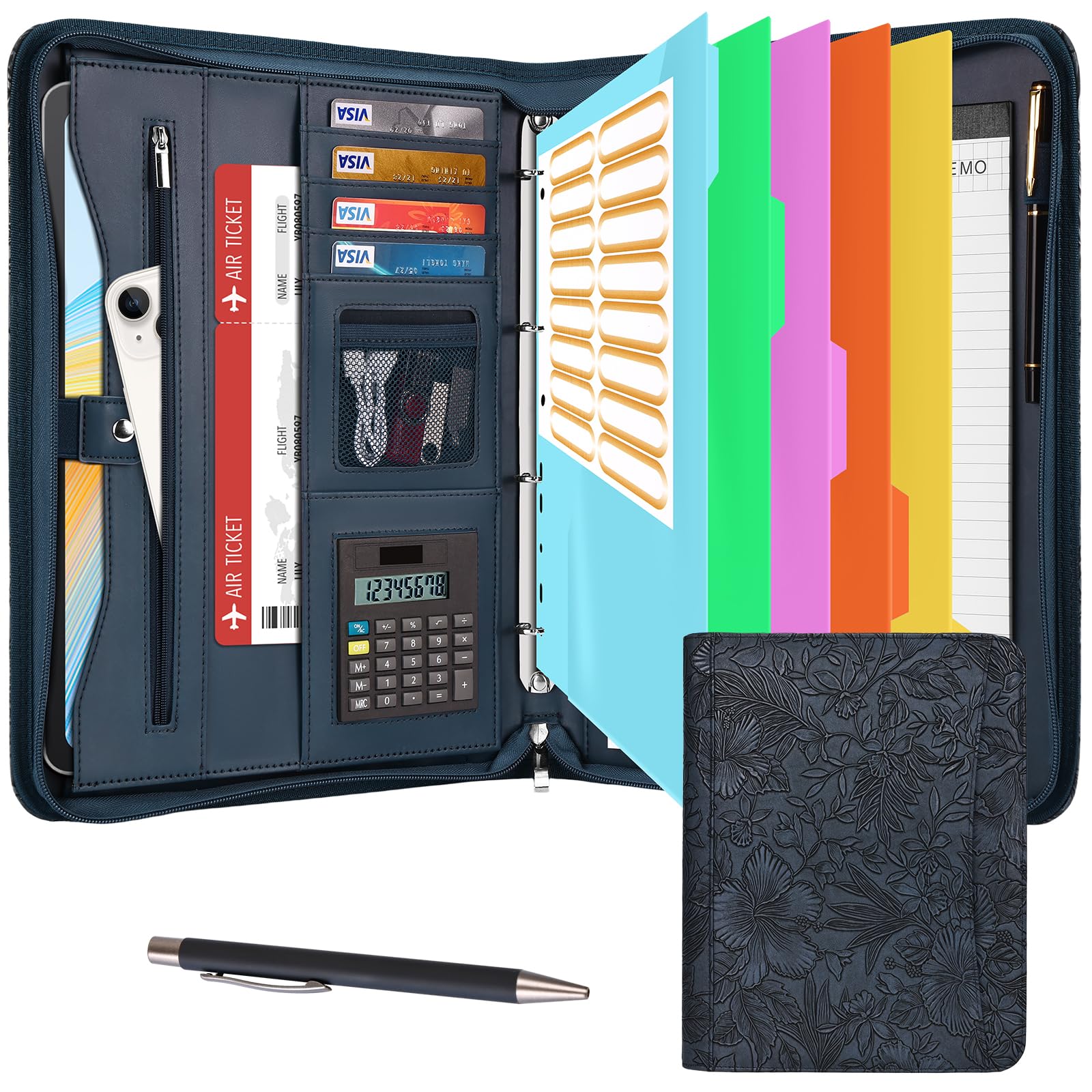 Leathario Portfolio Folder A4, Vegan Leather Conference Folder, 4-Ring Travel Document Holder with 5 5-Part File Dividers, Multi-Pocket Document Folder Organiser, Office Supplies โ image 1