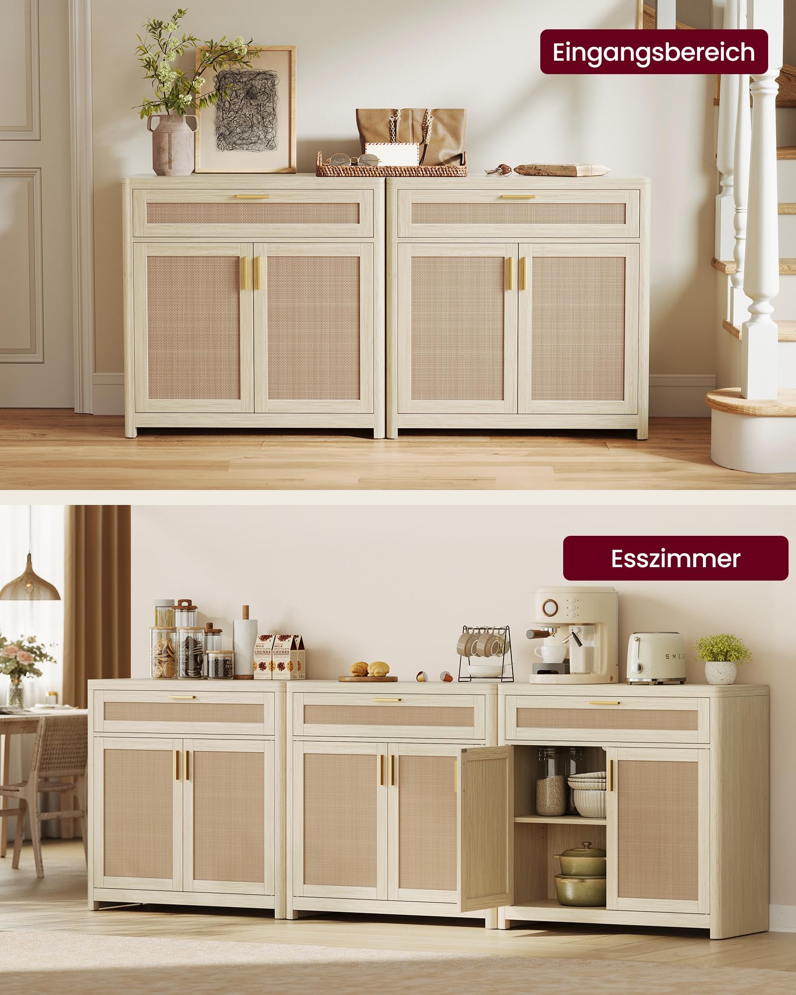 VASAGLE ELLAN Kollektion - Küchenschrank, Sideboard Boho-Stil, Türen in Rattan-Optik, Aufbewahrungsschrank, abgerundete Ecken, verstellbare Ablage, Schublade, Küche, naturbeige BBK601LC01