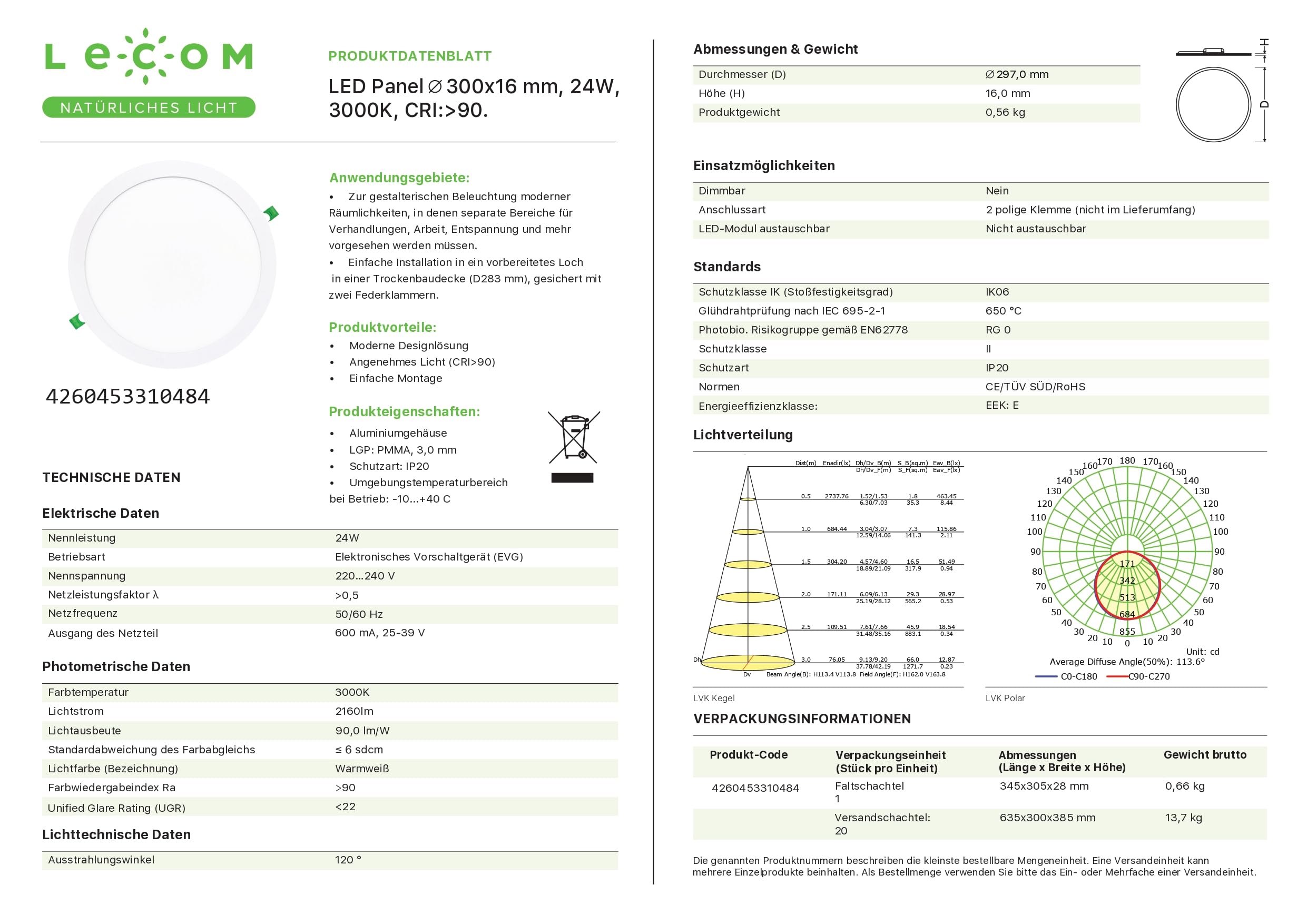 LECOM 10x LED Einbaustrahler Rund 24W Warmweiß CRI90 300mm Durchmesser | LED Deckenstrahler für gemütliche Atmosphäre und hohe Farbtreue in Wohnzimmer, Schlafzimmer sowie Café, Lounge, Restaurant.