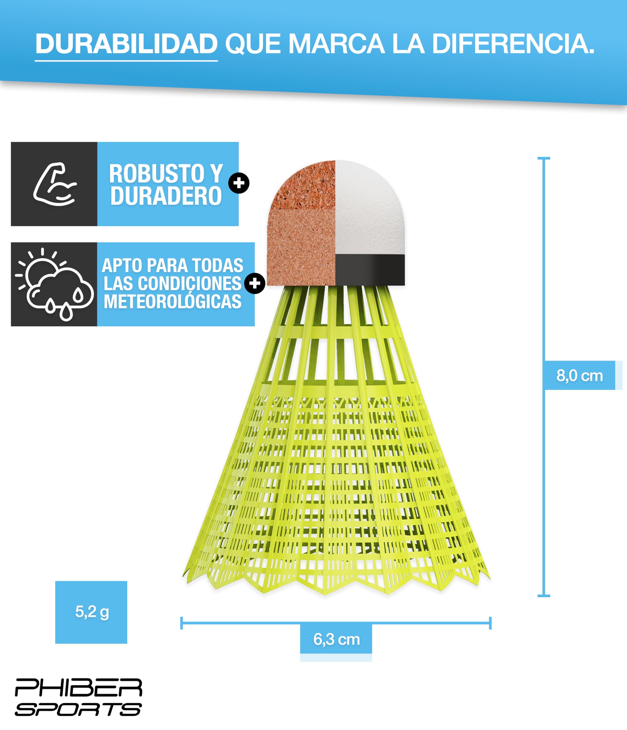 PHIBER-Sports Volantes de bádminton, Amarillo [10 Piezas], Ideal para Principiantes y Profesionales