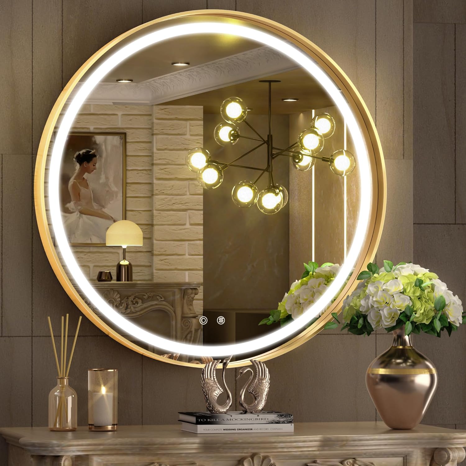 Hasipu 28 Inch Round LED Mirror for Bathroom with Lights, Gold Circle Vanity Mirror for Wall, Metal Framed Frontlit Bathroom Mirrors Anti-Fog, Dimmable, 3 Colors Makeup Mirror Wall Mounted Gold Led Round 28"L x 28"W