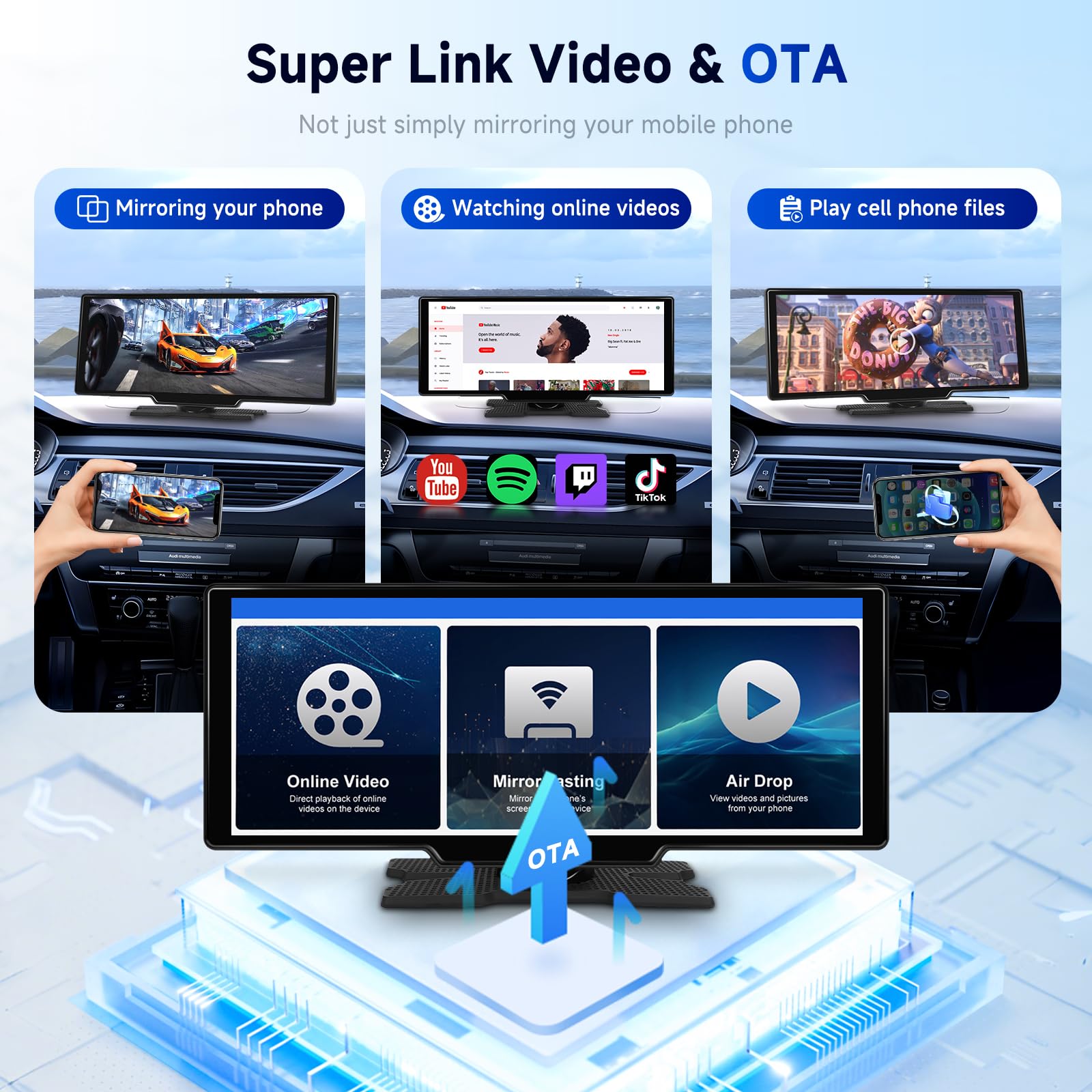 2025 Hodozzy Schermo Carplay Android Auto Senza Fili, Stereo Auto Portatile Bluetooth da 10,26 pollici con Touch Screen IPS/Youtube/Controllo Vocale/Trasmettitore AUX/TF/OTA/FM+Telecamera Posteriore