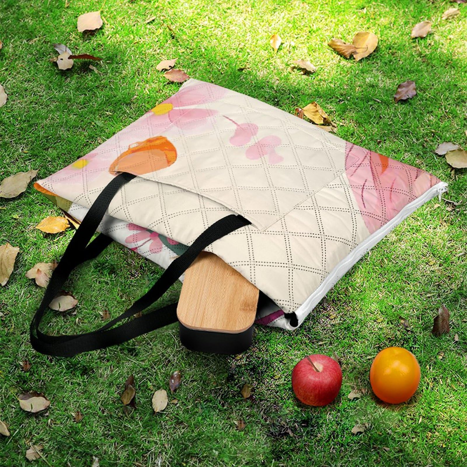 Tapis de pique-nique convertible à fermeture éclair avec motif flamants roses et fleurs - Couverture d'extérieur imperméable et isolante avec sac fourre-tout, pliable pour camping, plage