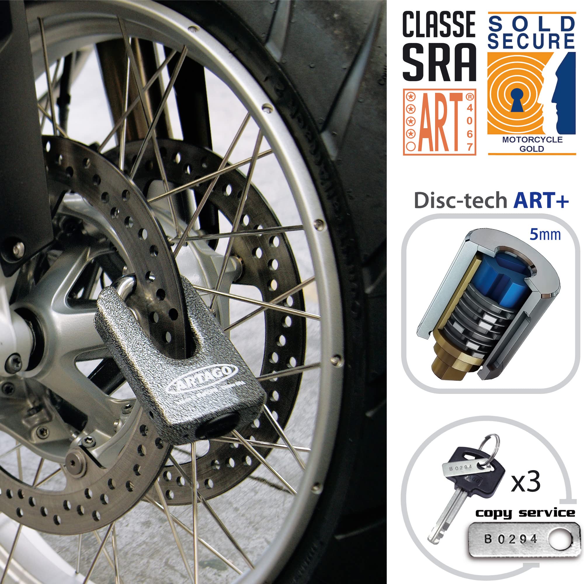 Artago 69T4 Pack Antivol Disque Haute Sécurité + Support pour Honda CRF 1000L Africa Twin, Homologué SRA, Sold Secure Gold, ART4