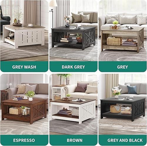 Miniatura 31 de Mesa de centro de granja con almacenamiento, mesa de cóctel de madera rústica, mesas de centro cuadradas para sala de estar, sala de reuniones con