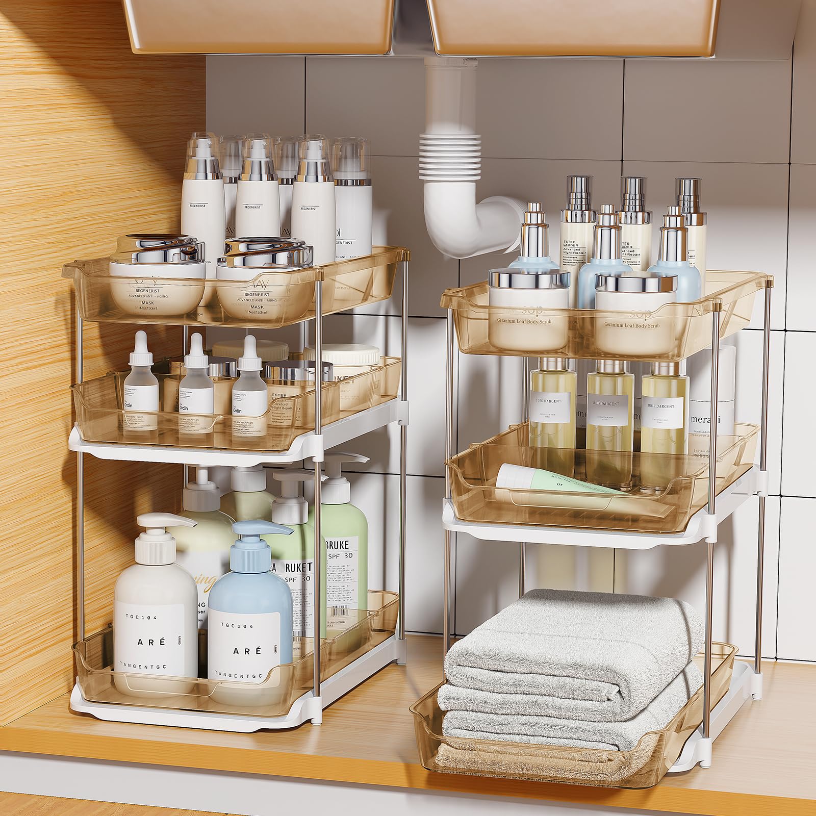 Delamu Confezione da 2 organizer da bagno a 3 ripiani, multiuso, impilabili, per dispensa e stoccaggio, estraibili, trasparenti, con divisori mobili, color ambra