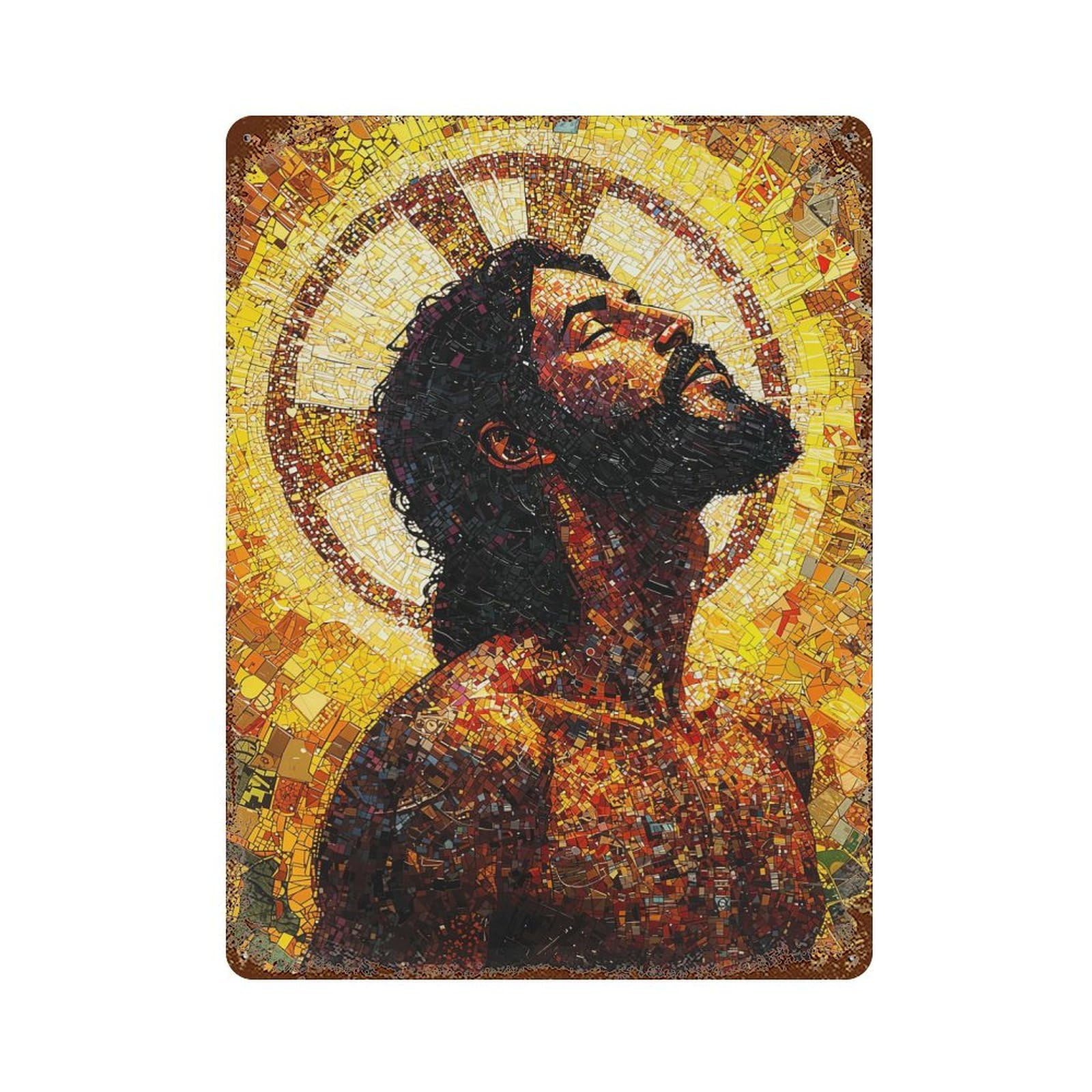Mosaic Portrait of Jesus Rusty Metal Tin Sign 15.7"x11.8", for Pub, Kitchen And Man Cave Decor, Farmhouse Wall Decor