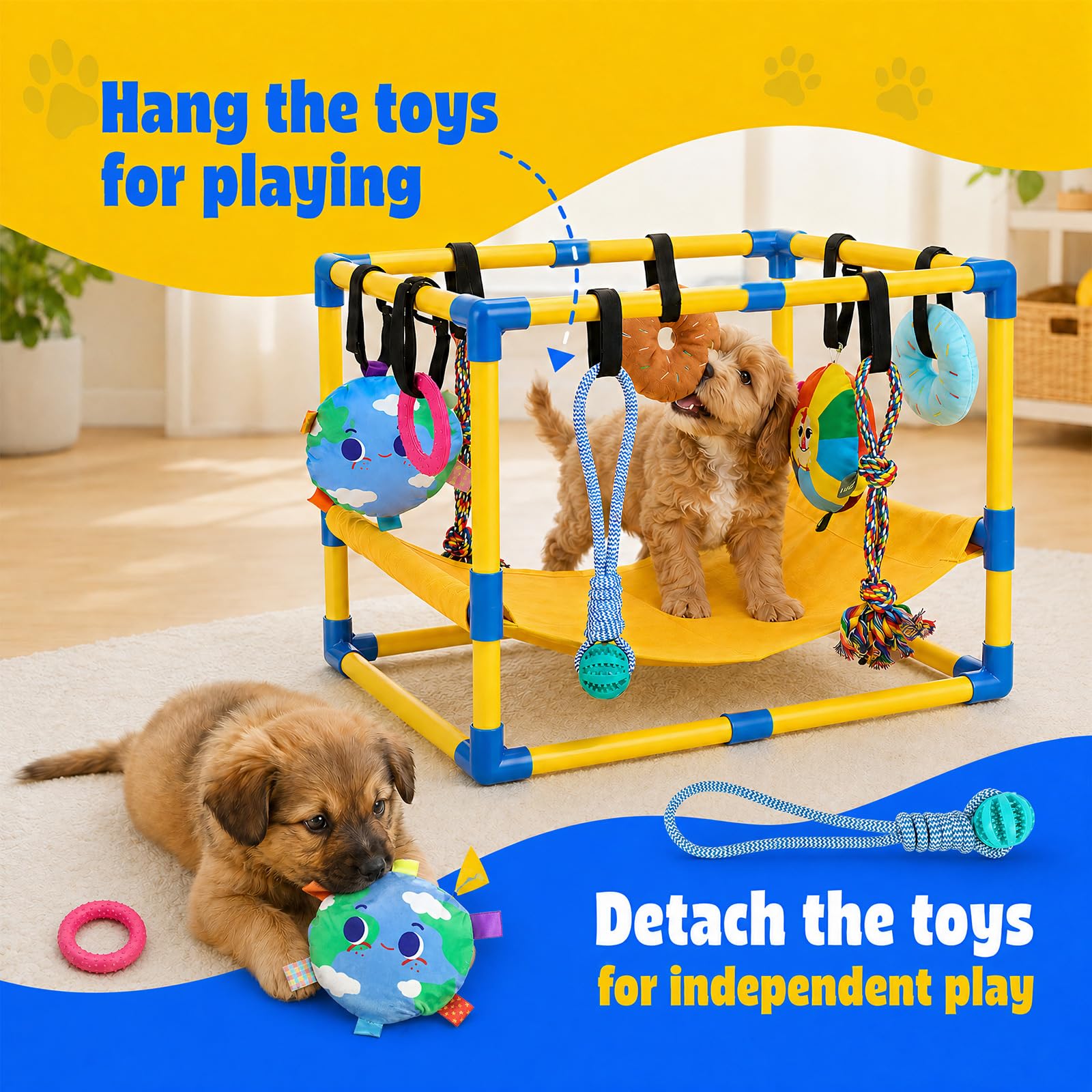 Parco giochi per cuccioli con 8 giocattoli da appendere | Struttura da gioco per cani di piccola taglia, con telaio in PVC, amaca per calmare e addestramento