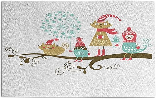 Lunarable Tapete de Navidad, disfraces de animales alegres en la rama del árbol en invierno, tapete decorativo de poliéster con respaldo
