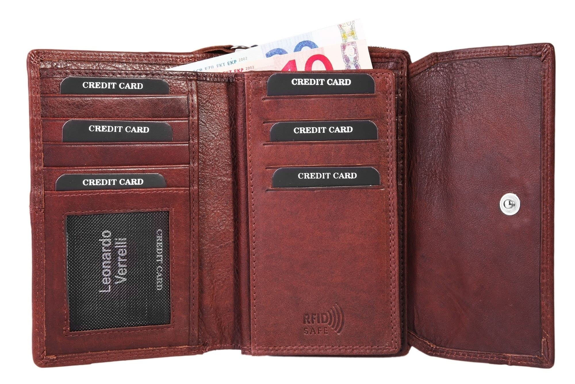 Portfel damski z prawdziwej skóry, zabezpieczenie RFID, 15x10cm - 3000096, brązowy, 15x10, Klasyczny