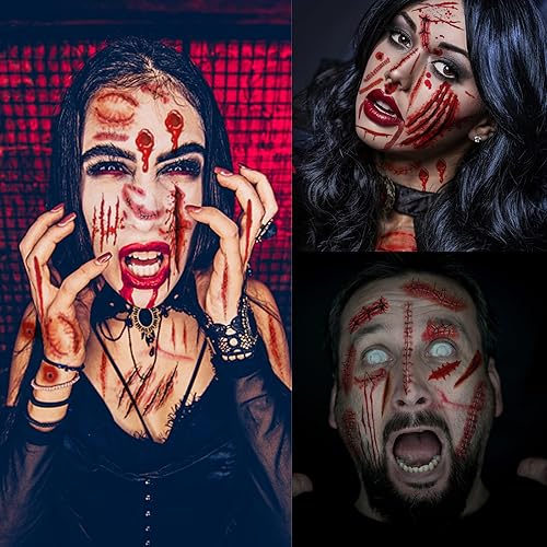 Miniatura 3 de 265 piezas de 40 hojas de tatuajes temporales de cicatrices falsas, de terror, realista, para heridas, maquillaje de cara y cuerpo, calcomanías de