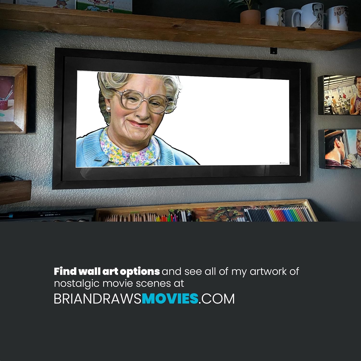 Robin Williams Fine Funny Coffee Mug, Mrs. Doubtfire Fan Art, 90's Kid Comedy Movie Lover Gift, Film Buff Art Present, Colored Pencil Drawing (15 oz. Ceramic Mug)