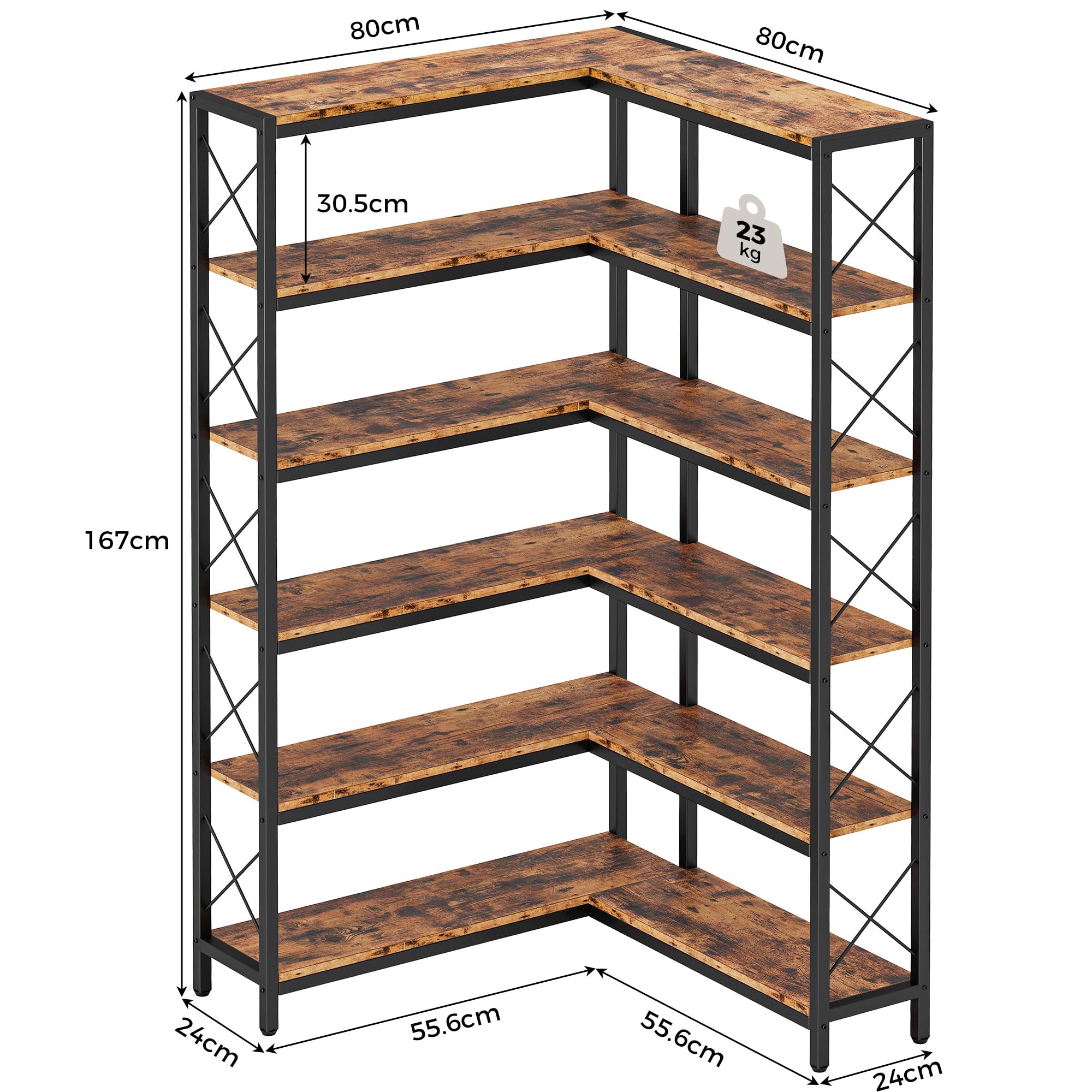 IRONCK Bücherregal, 6-stöckiges L-förmiges Eckbuchregal mit verstellbaren Füßen, Industrielles Eckregal für Wohnzimmer, Schlafzimmer, Home Office, Rustik Braun, 80×80×167cm