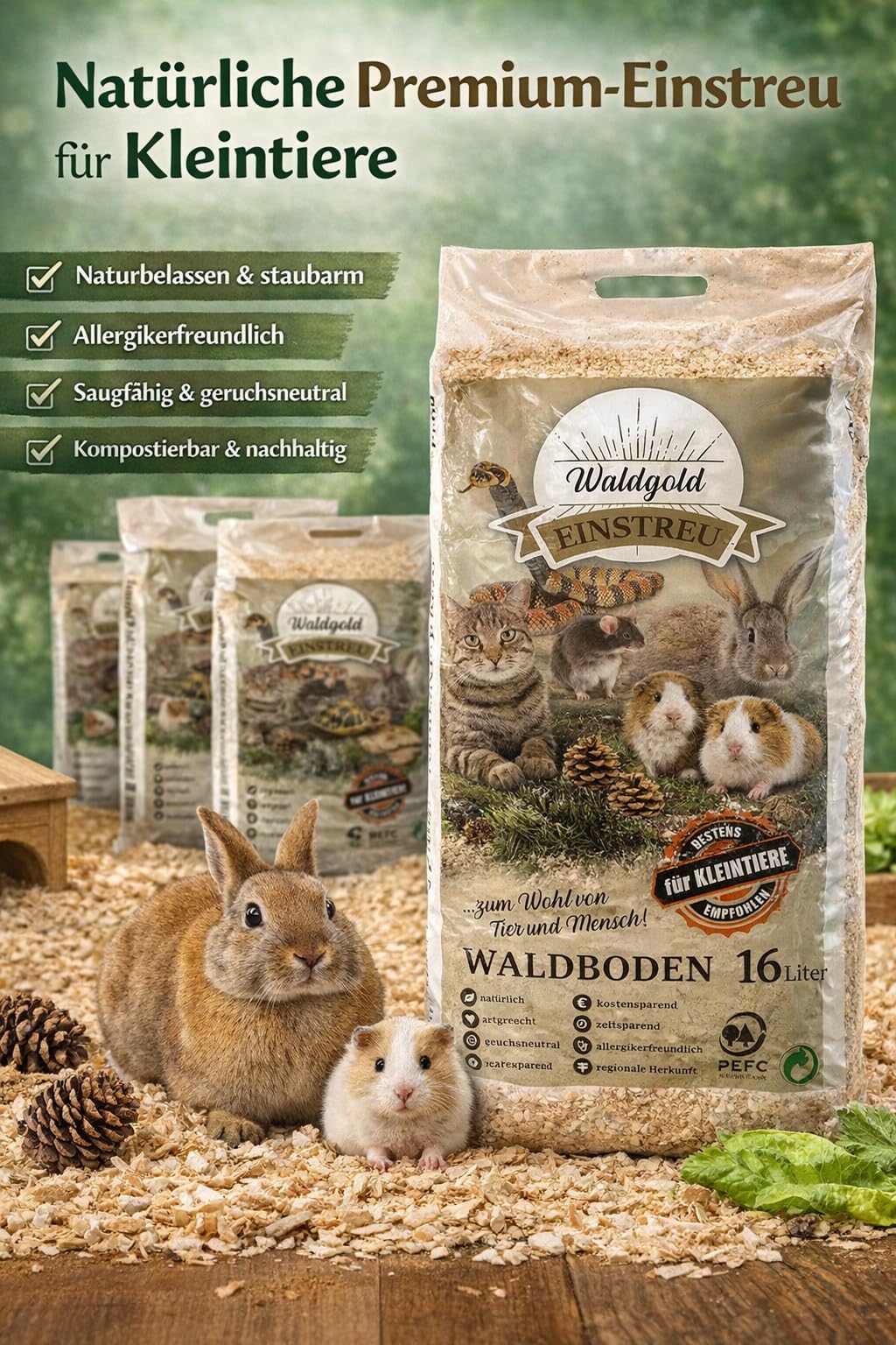 Waldgold Waldboden-Einstreu für Kleintiere 48 L, 3 Säcke – staubarm | Natürliche Holzschnitzel, geruchsbindend, nachhaltige Naturstreu, ideal zum Buddeln & Erkunden, für Hamster, Nager, Kaninchen