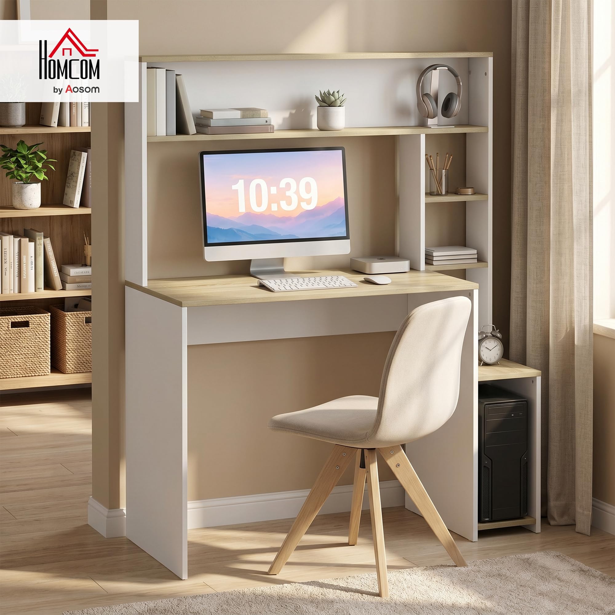 HOMCOM Bureau avec Rangement 114 x 45 x 138 cm Blanc et Bois Naturel