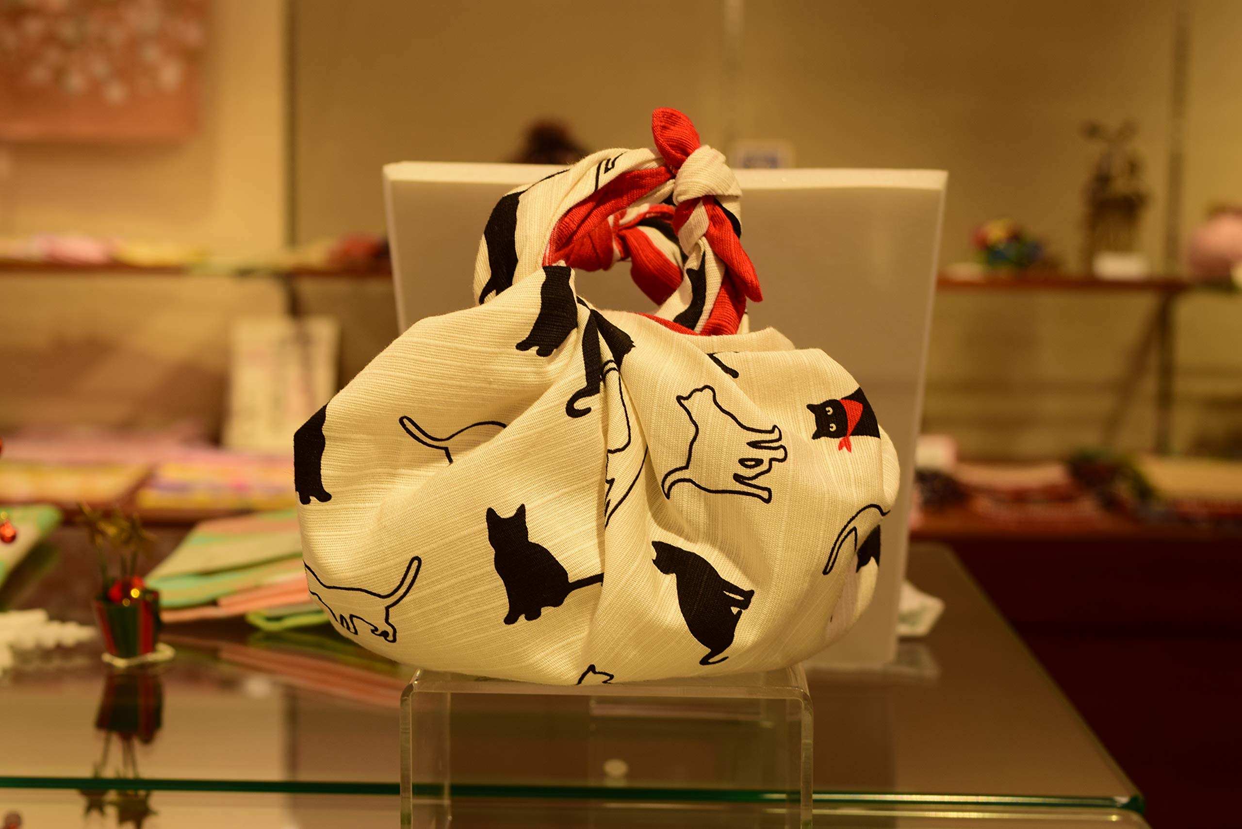 Japanisches Furoshiki-Taschentuch & Bento-Kinchaku-Baumwollstoff, Geschenktuch, handgefertigt in Kyoto Geschenke, Souvenir, (50 x 50 cm, beige Katze)